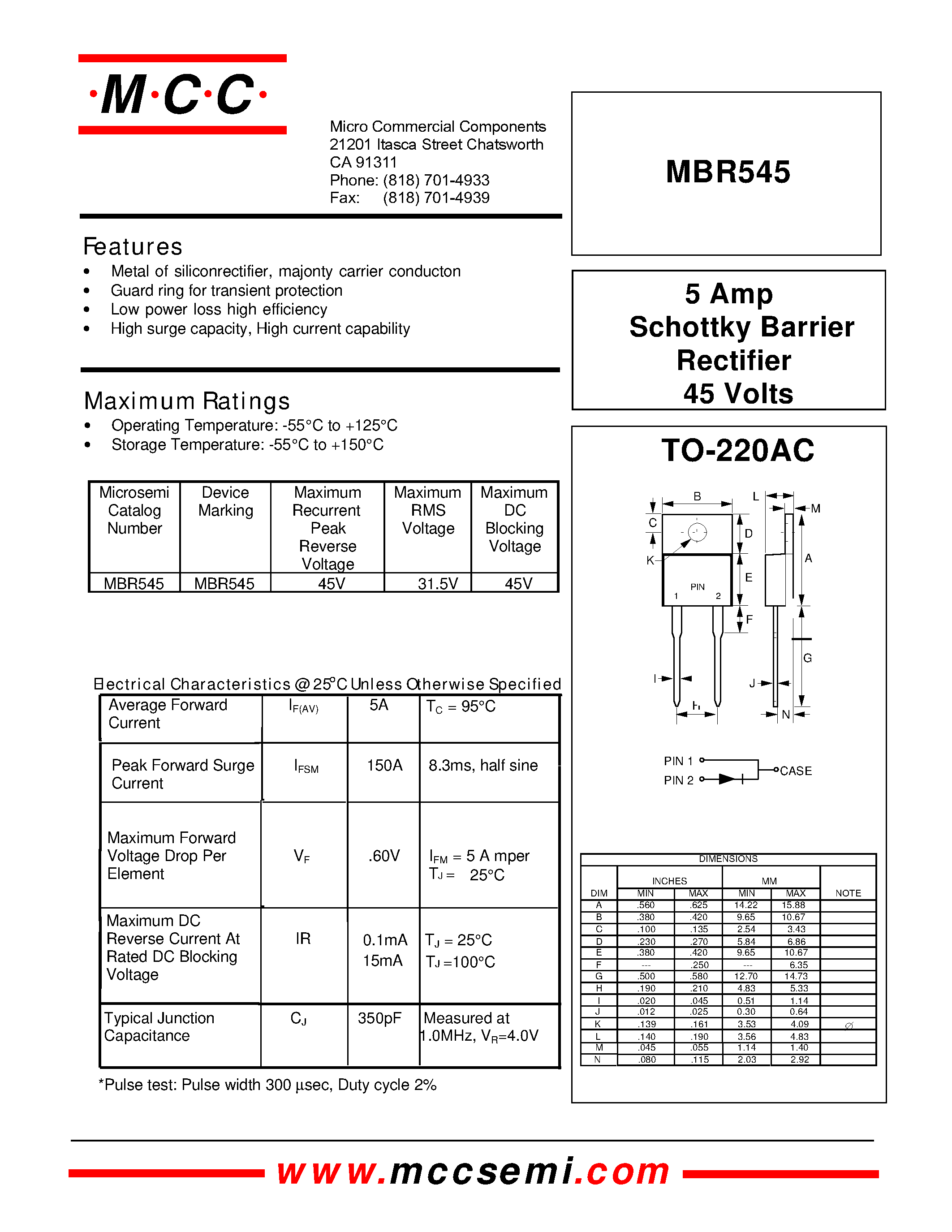 Datasheet MBR545 - 5 Amp Schottky Barrier Rectifier 45 Volts page 1
