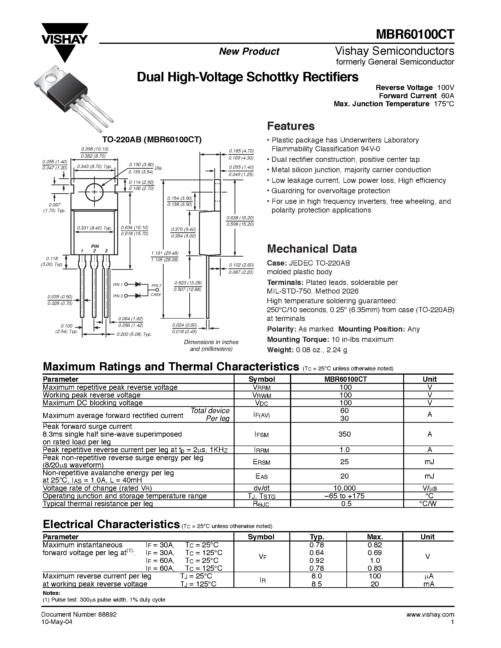 Datasheet MBR60100CT page 1 Datasheet MBR60100CT - Dual High-Voltage Schottky Rectifiers page 1