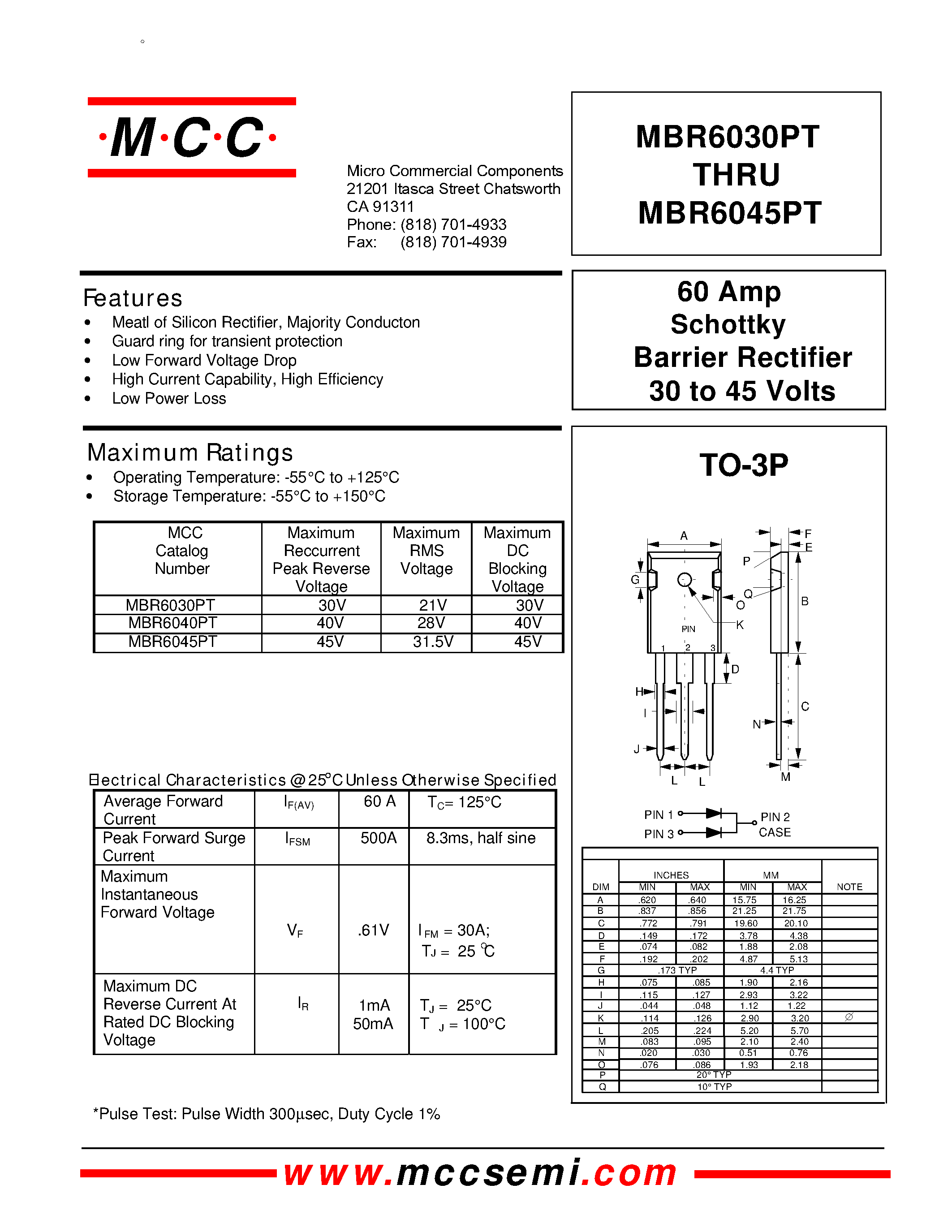 Даташит MBR6030 - 60 Amp Schottky Barrier Rectifier 30 to 45 Volts страница 1