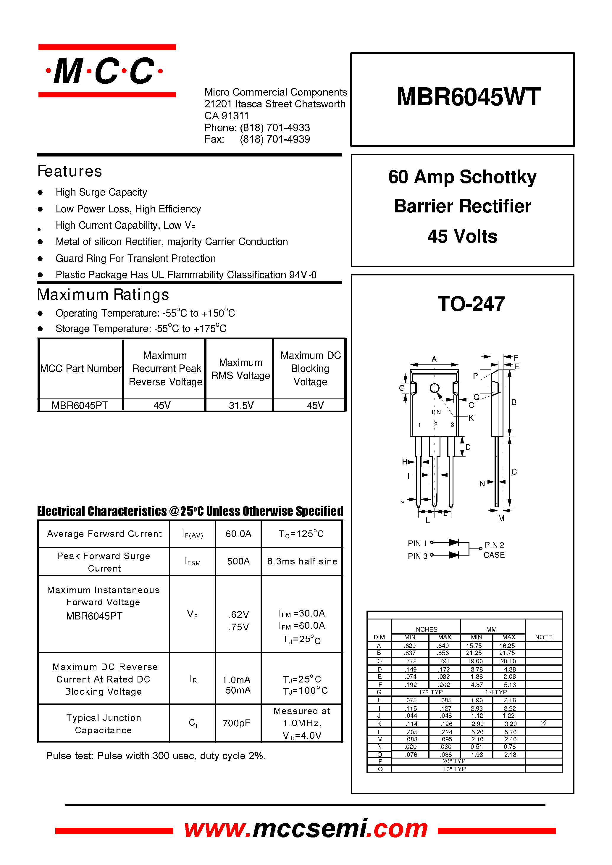 Даташит MBR6045WT - 60 Amp Schottky Barrier Rectifier 45 Volts страница 1