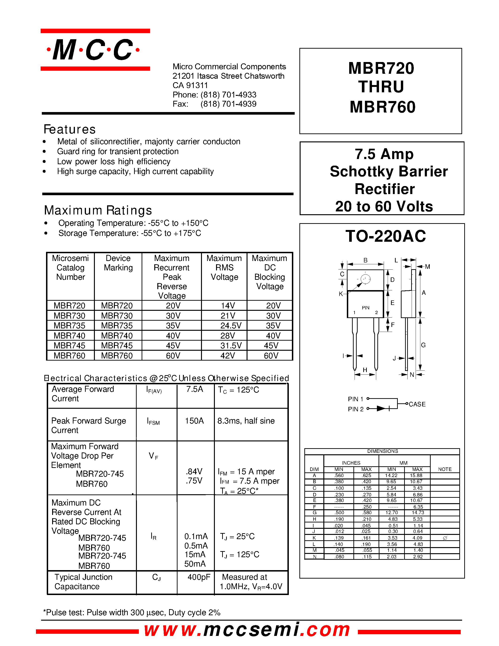 Даташит MBR720 - 7.5 Amp Schottky Barrier Rectifier 20 to 60 Volts страница 1