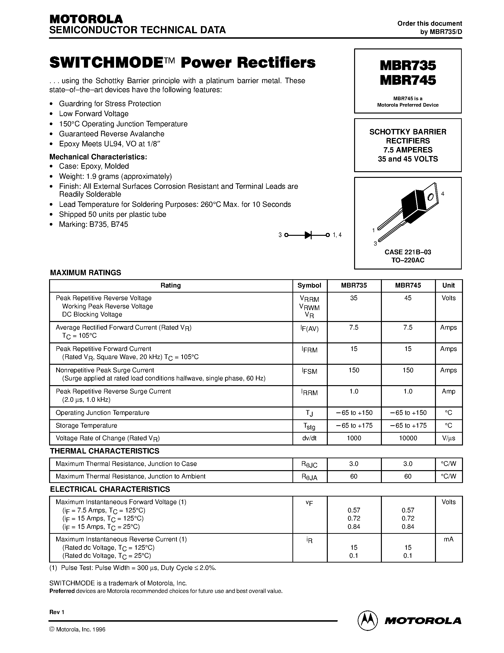Даташит MBR735 - SWITCHMODE Power Rectifier страница 1
