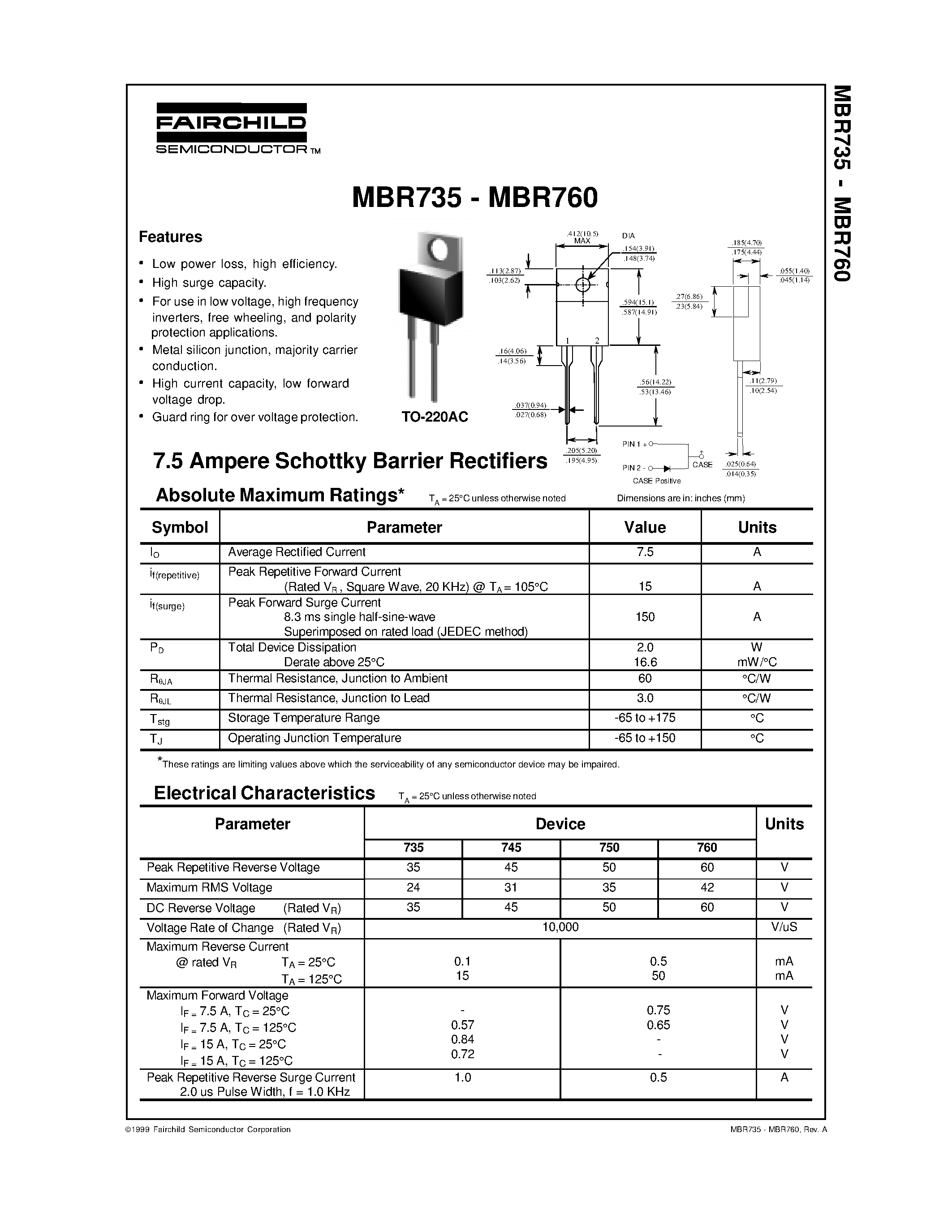 Даташит на микросхему MBR735 страница 1 Даташит MBR735 - 7.5 Ampere Schottky Barrier Rectifiers страница 1