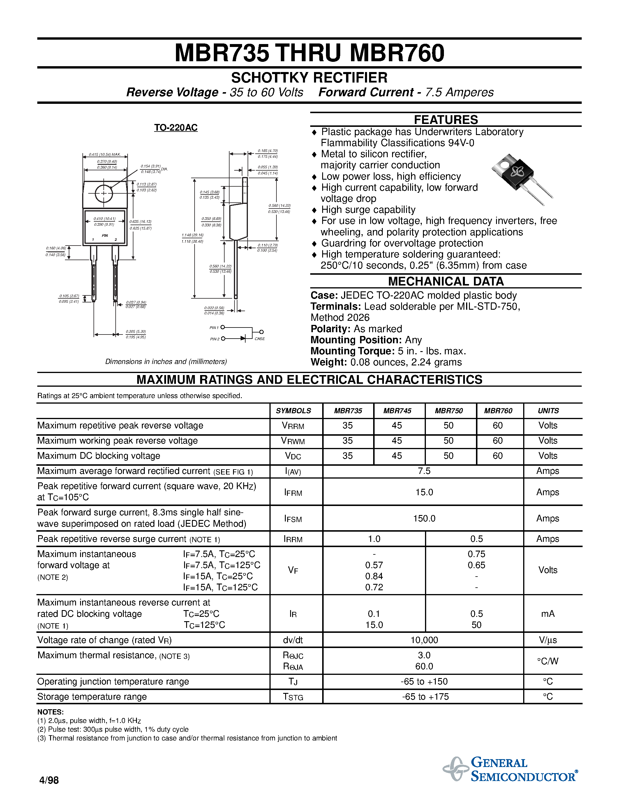 Даташит MBR750 - SCHOTTKY RECTIFIER страница 1
