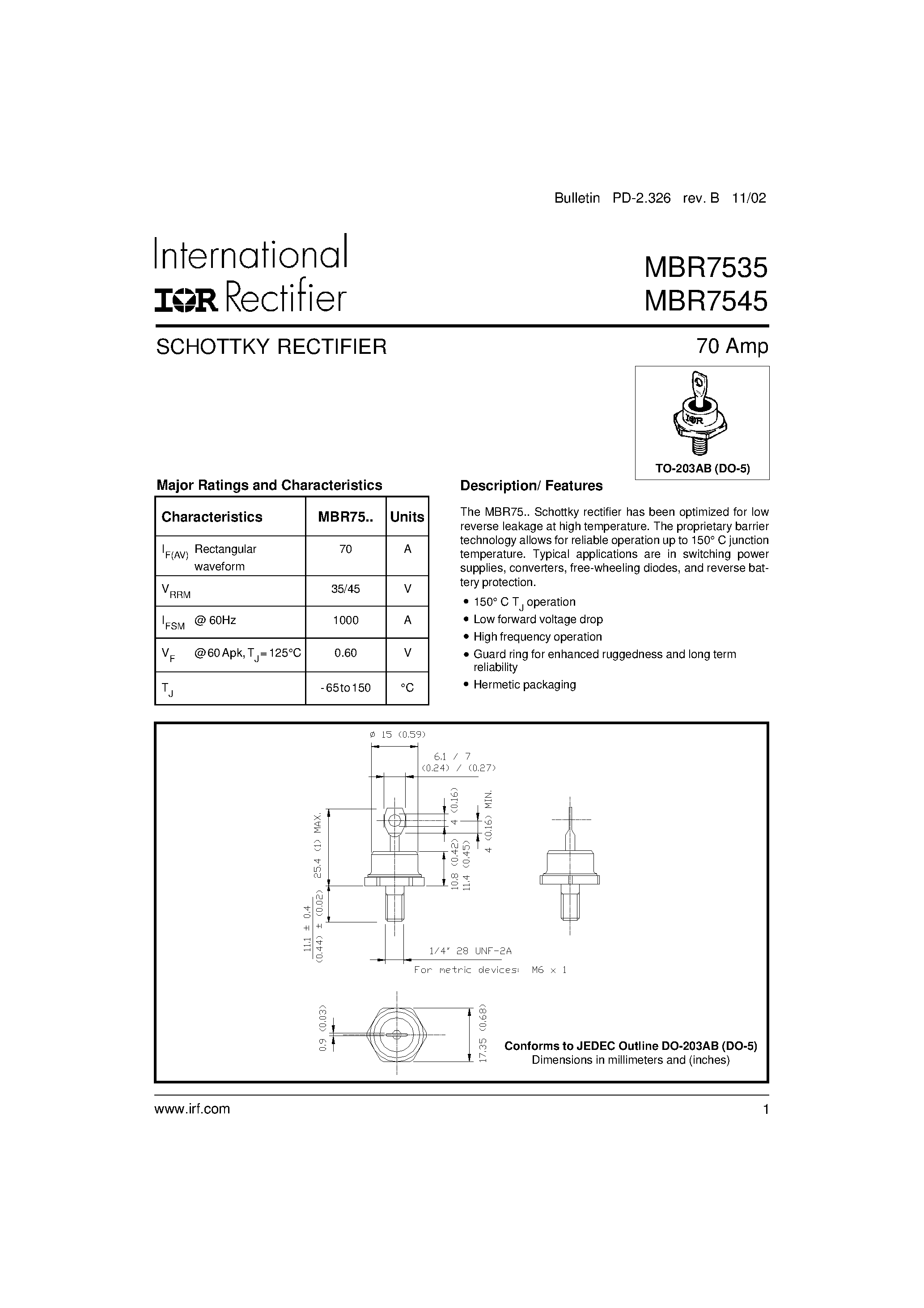 Datasheet MBR7535 page 1 Datasheet MBR7535 - SCHOTTKY RECTIFIER page 1