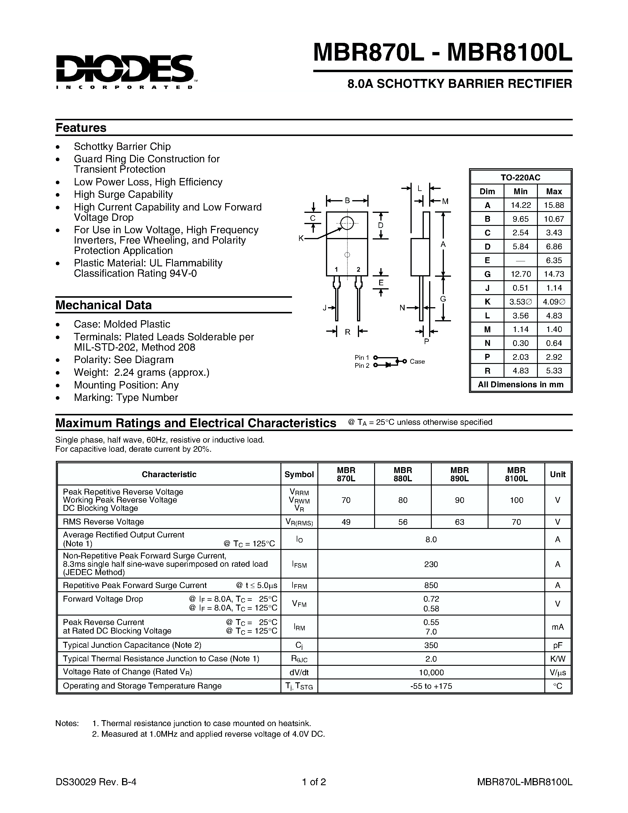Даташит MBR880L - 8.0A SCHOTTKY BARRIER RECTIFIER страница 1