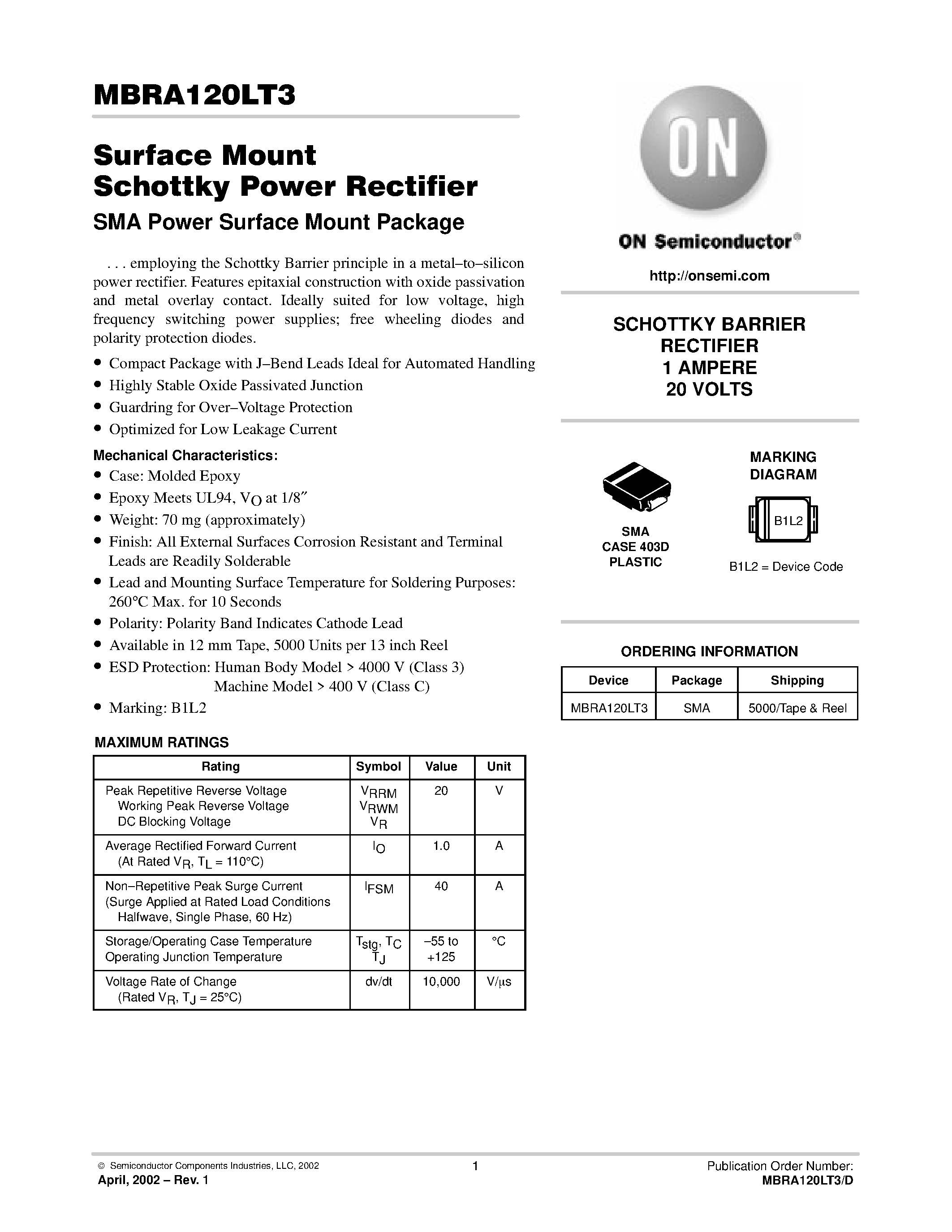 Даташит MBRA120LT3 - Surface Mount Schottky Power Rectifier страница 1