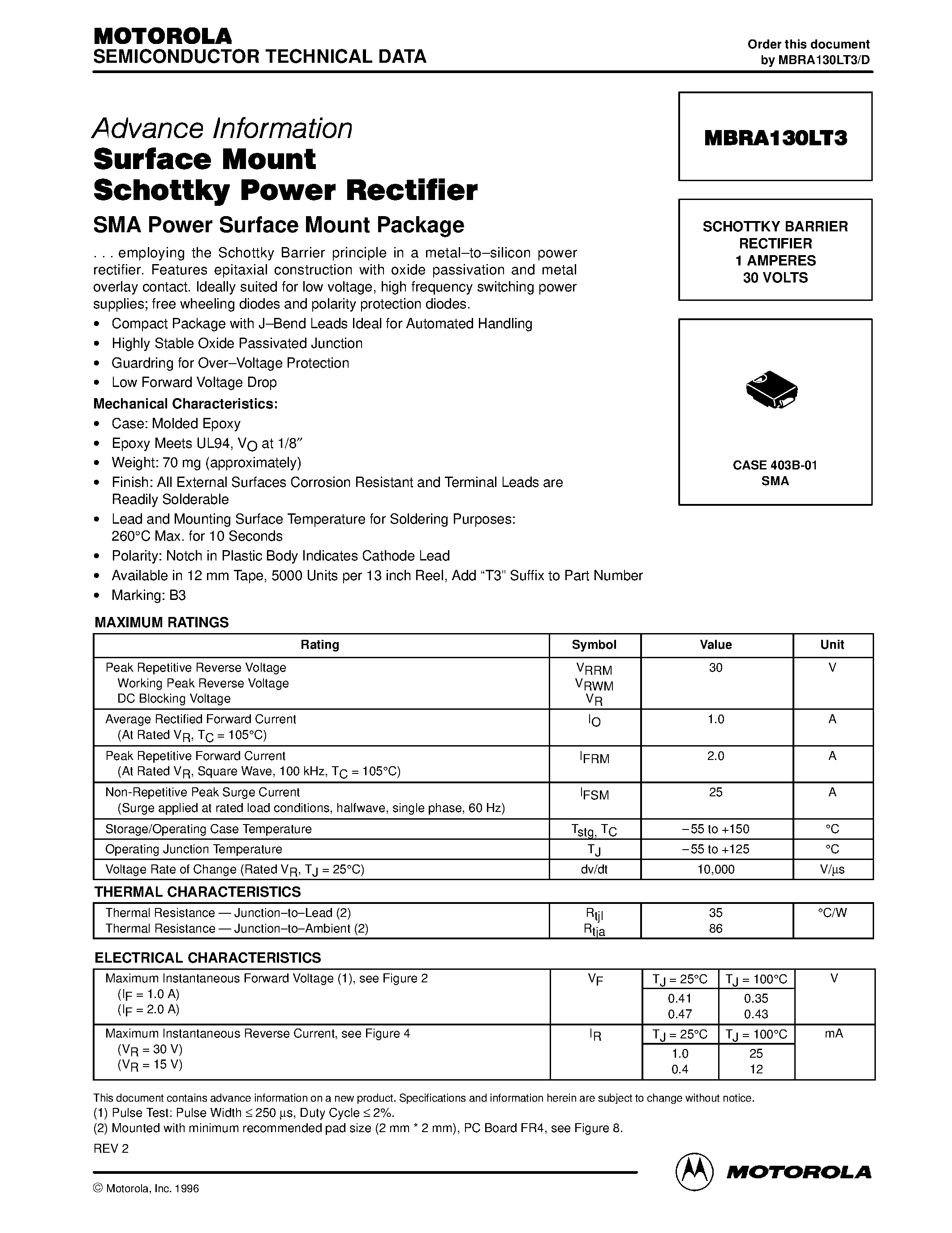 Даташит MBRA130LT3 - Surface Mount Schottky Power Rectifier страница 1