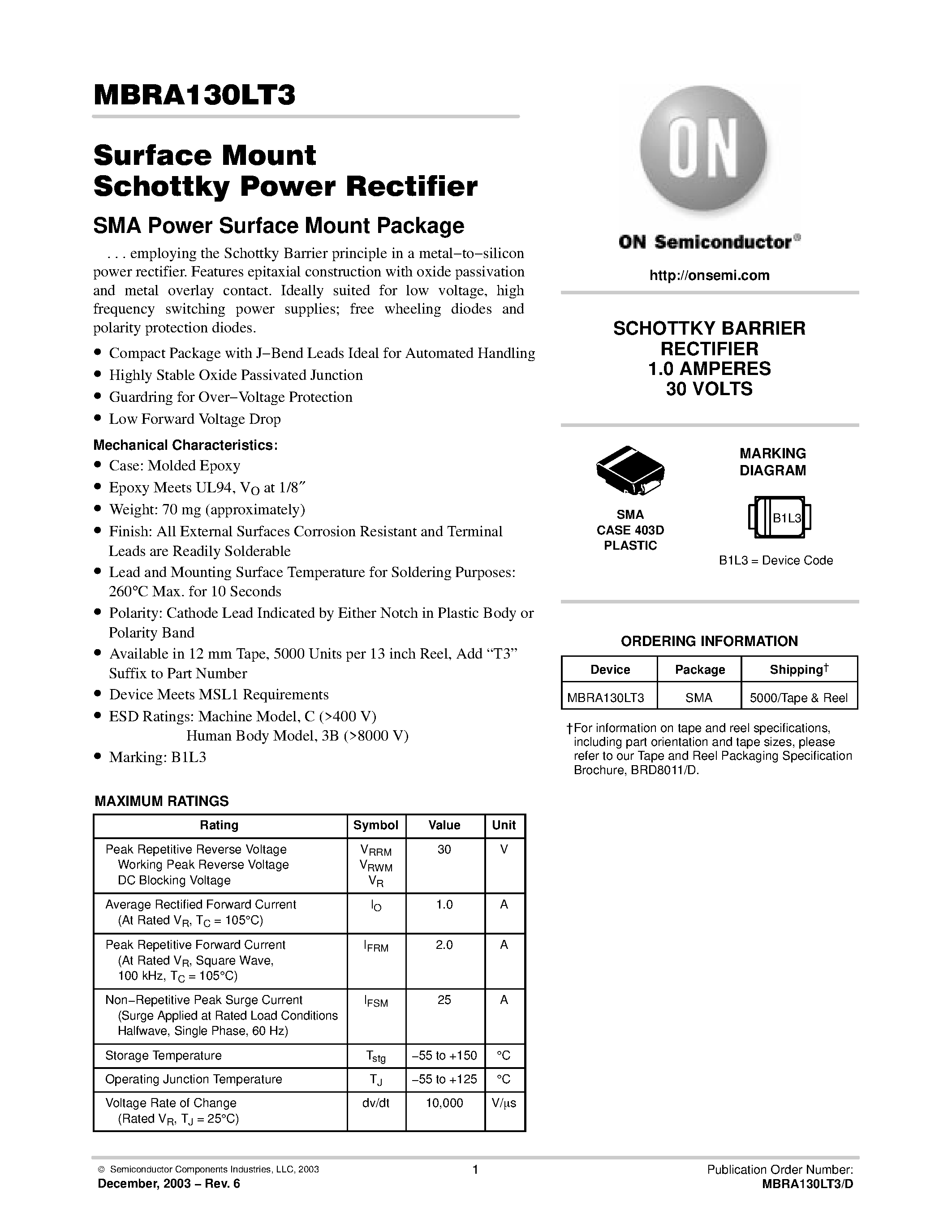 Даташит MBRA130LT3 - Surface Mount Schottky Power Rectifier страница 1