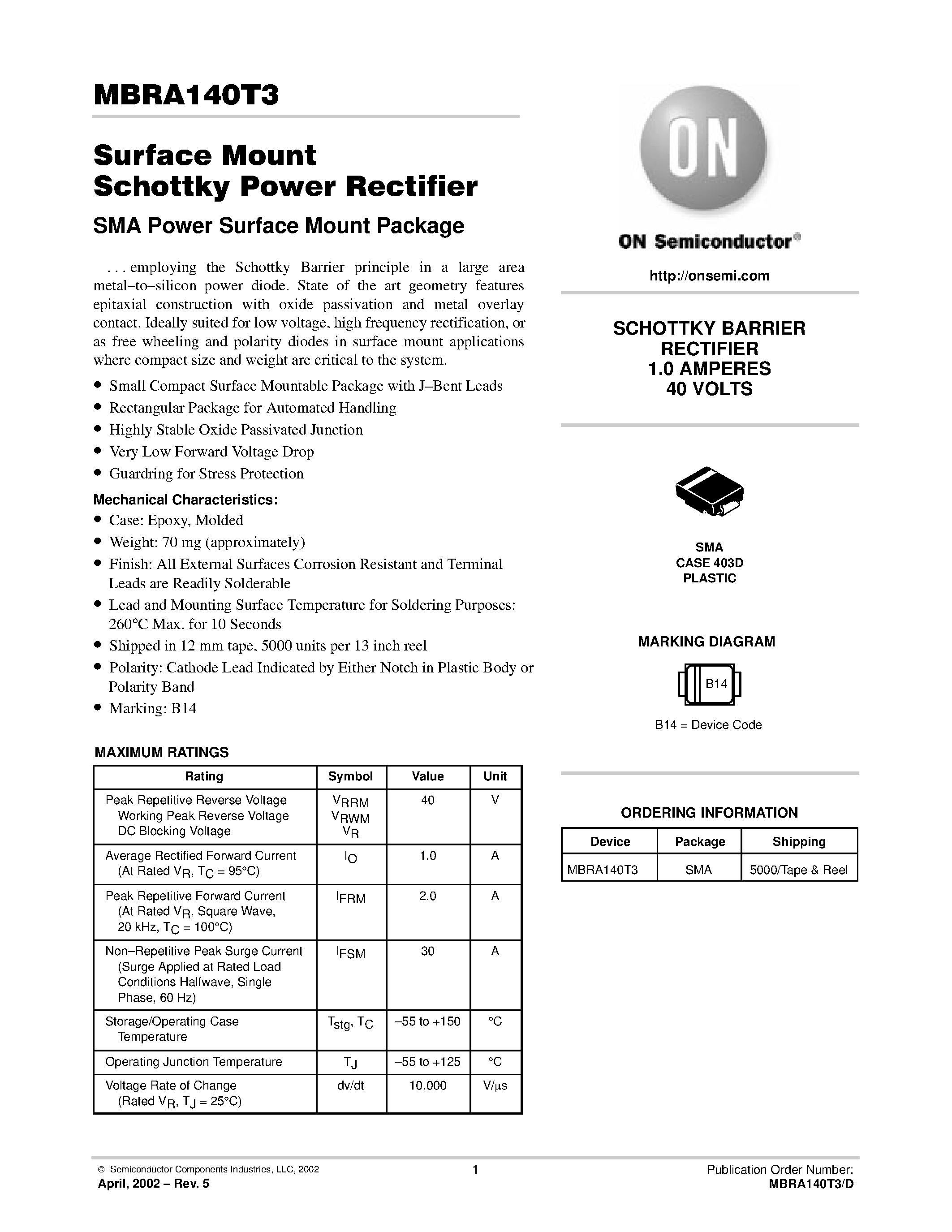 Даташит MBRA140 - Surface Mount Schottky Power Rectifier страница 1