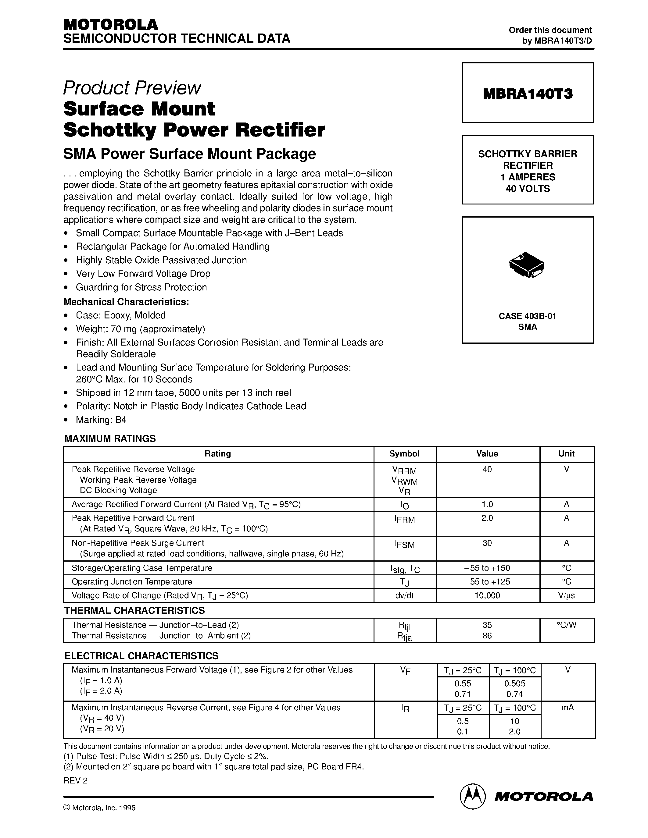 Даташит MBRA140T3 - Surface Mount Schottky Power Rectifier страница 1
