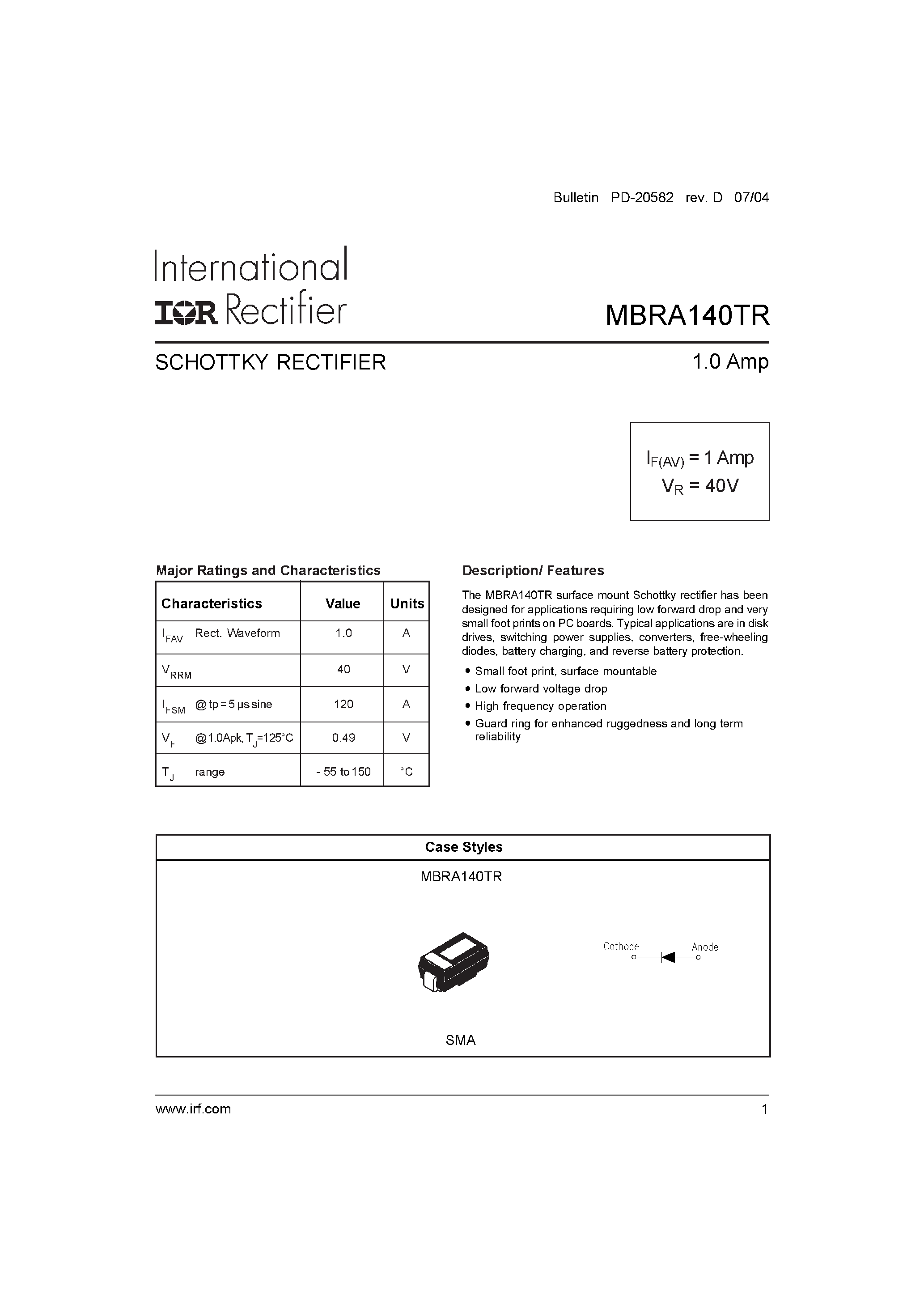 Datasheet MBRA140TRPBF - SCHOTTKY RECTIFIER page 1