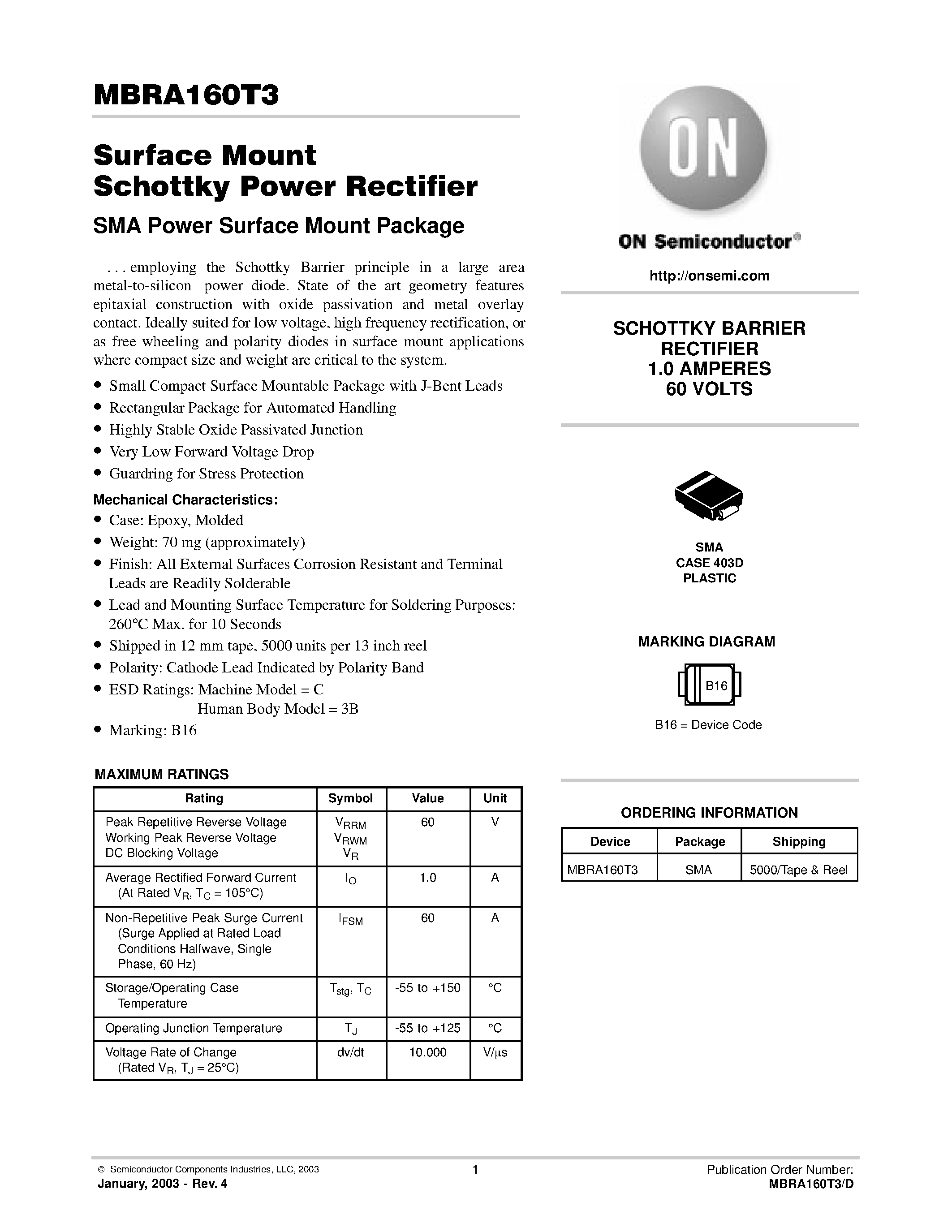 Даташит MBRA160T3 - Surface Mount Schottky Power Rectifier страница 1