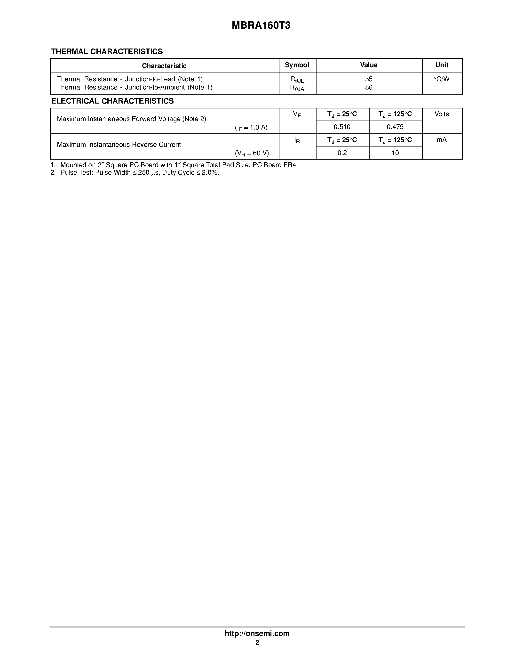 Даташит MBRA160T3 - Surface Mount Schottky Power Rectifier страница 2
