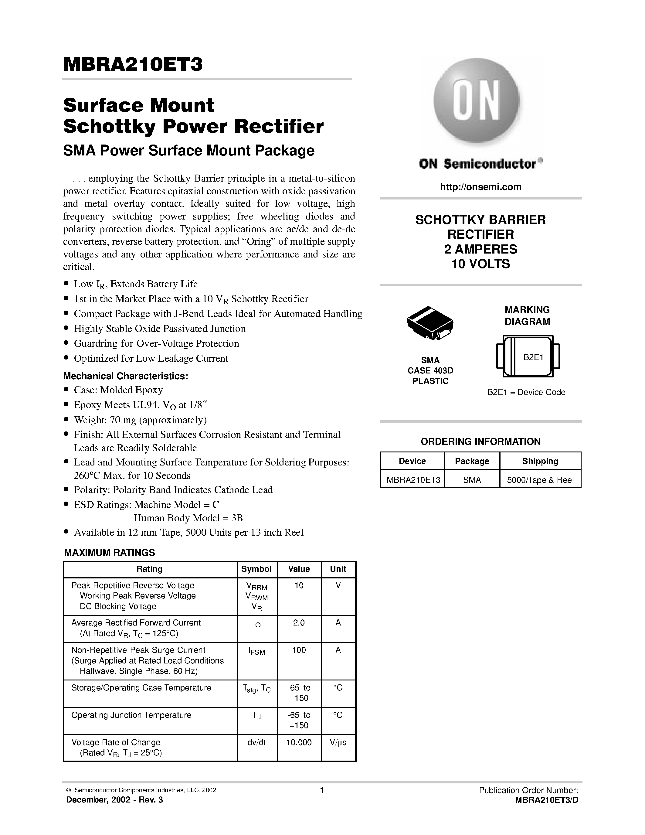 Даташит MBRA210ET3 - Surface Mount Schottky Power Rectifier страница 1
