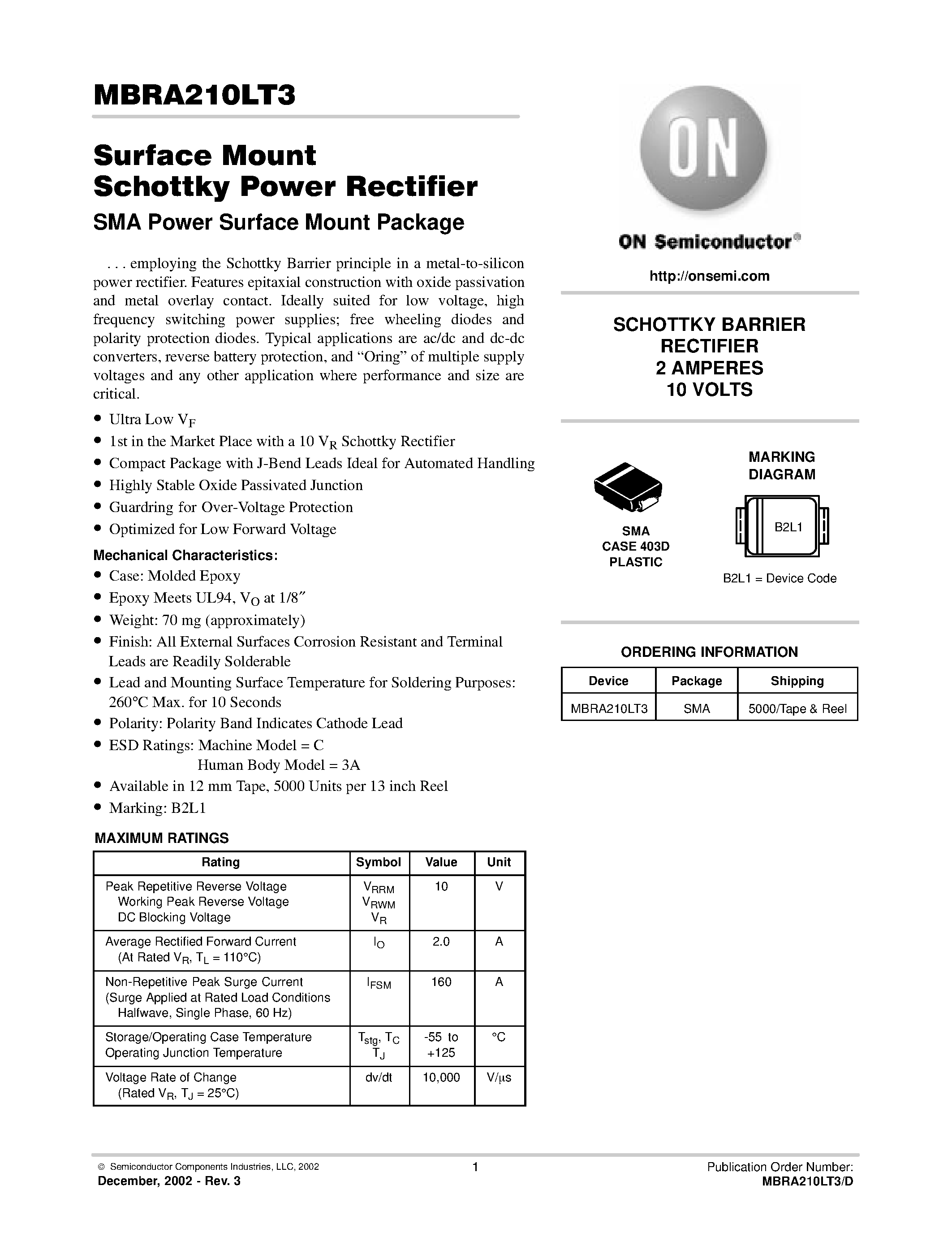 Даташит MBRA210LT3D - Surface Mount Schottky Power Rectifier страница 1
