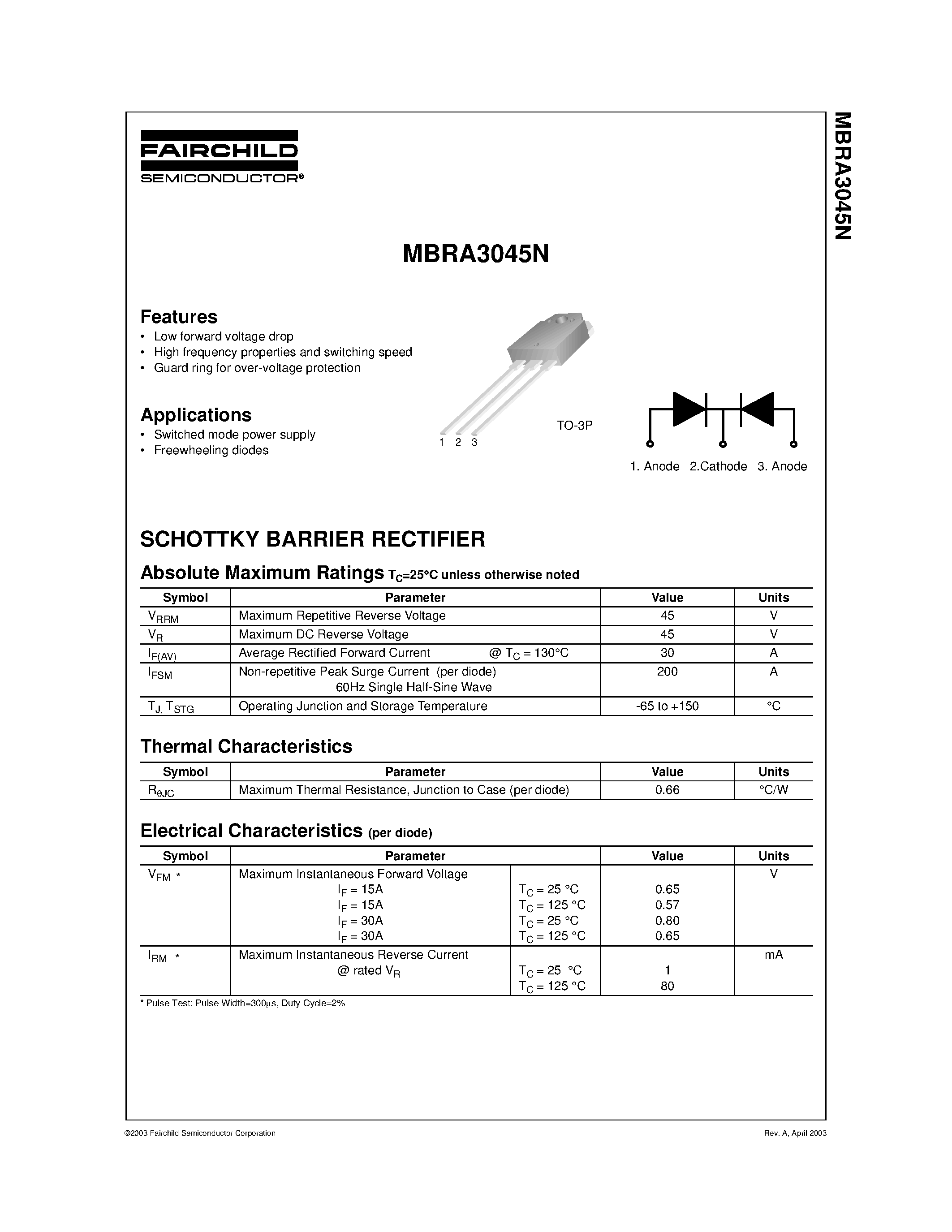 Даташит MBRA3045N - SCHOTTKY BARRIER RECTIFIER страница 1