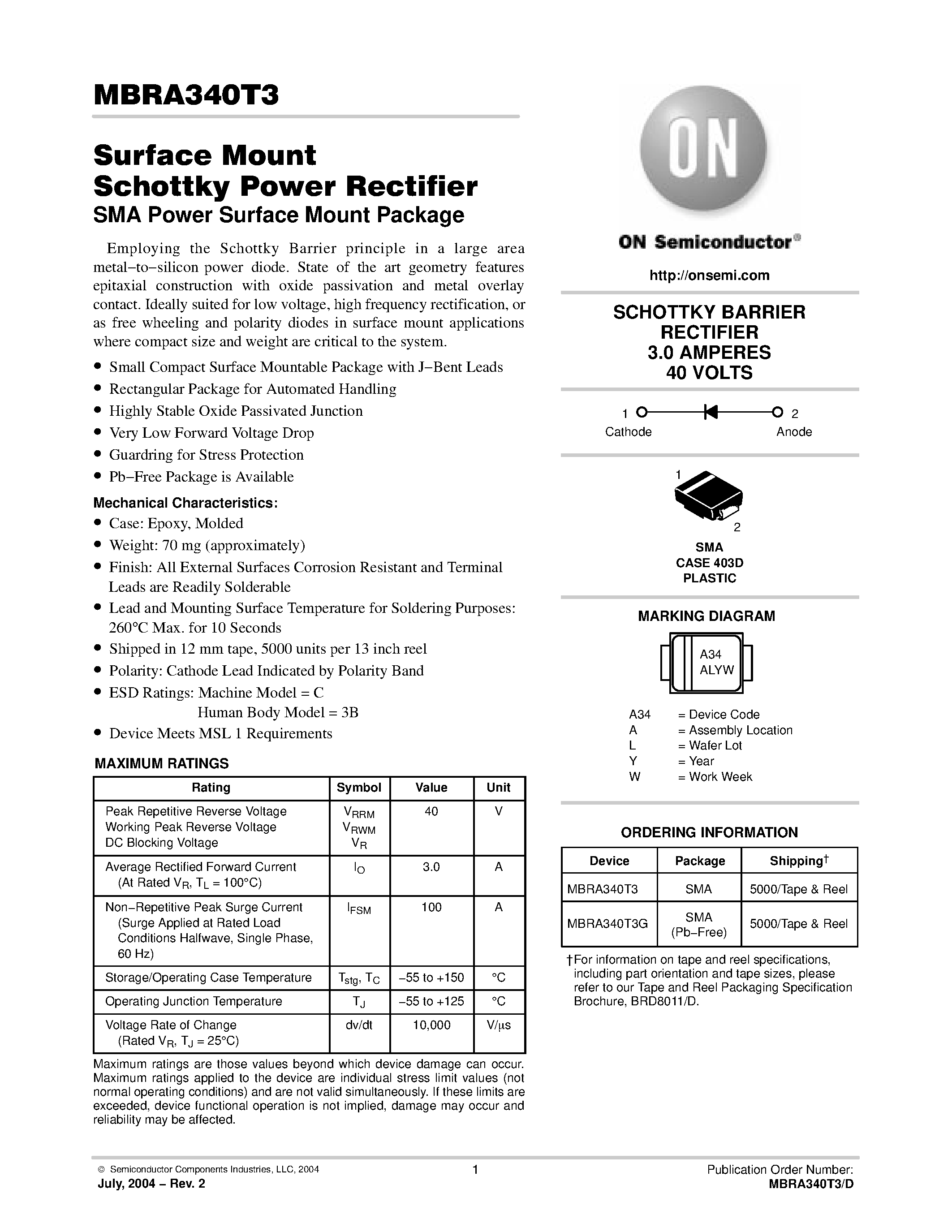 Даташит MBRA340 - Surface Mount Schottky Power Rectifier страница 1
