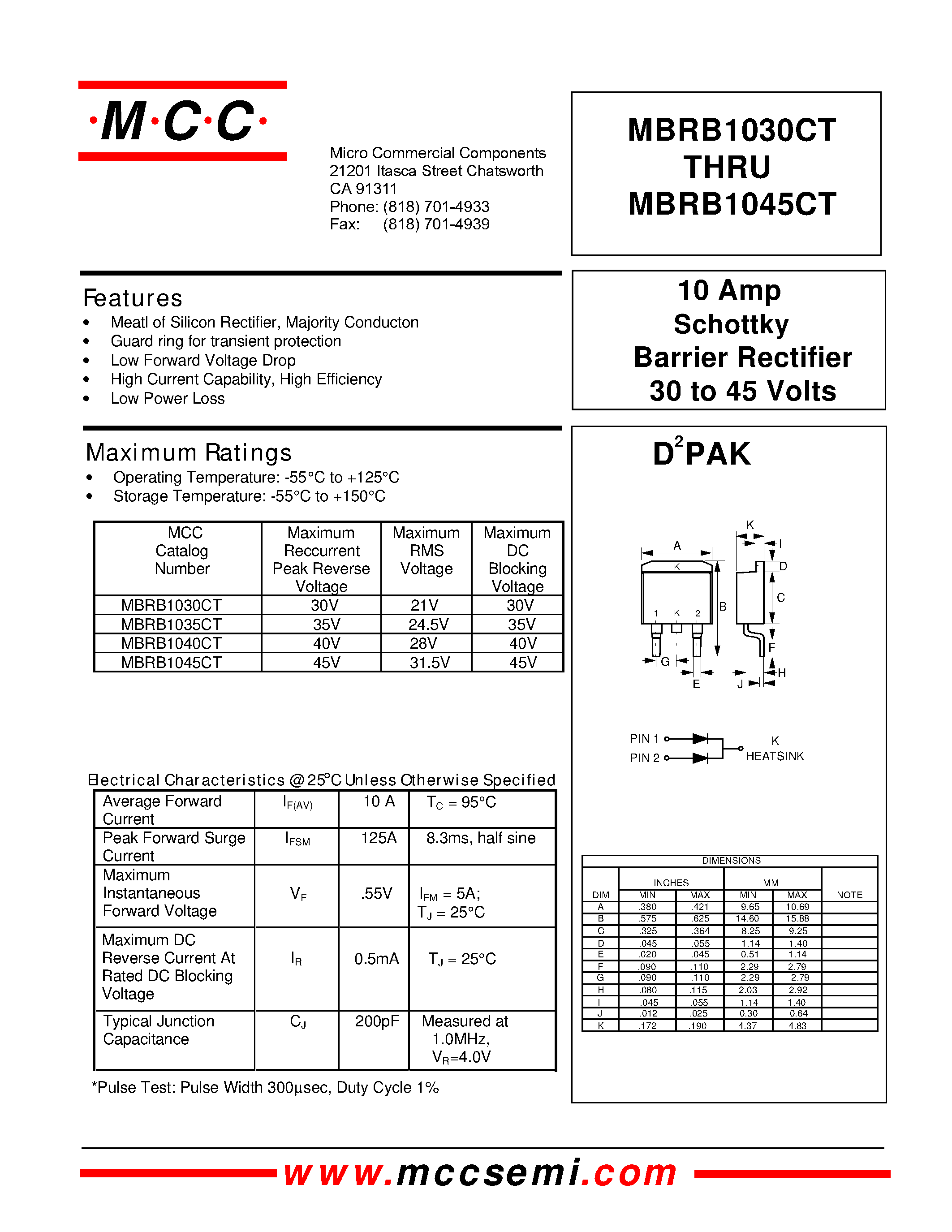 Даташит MBRB1030CT - 10 Amp Schottky Barrier Rectifier 30 to 45 Volts страница 1