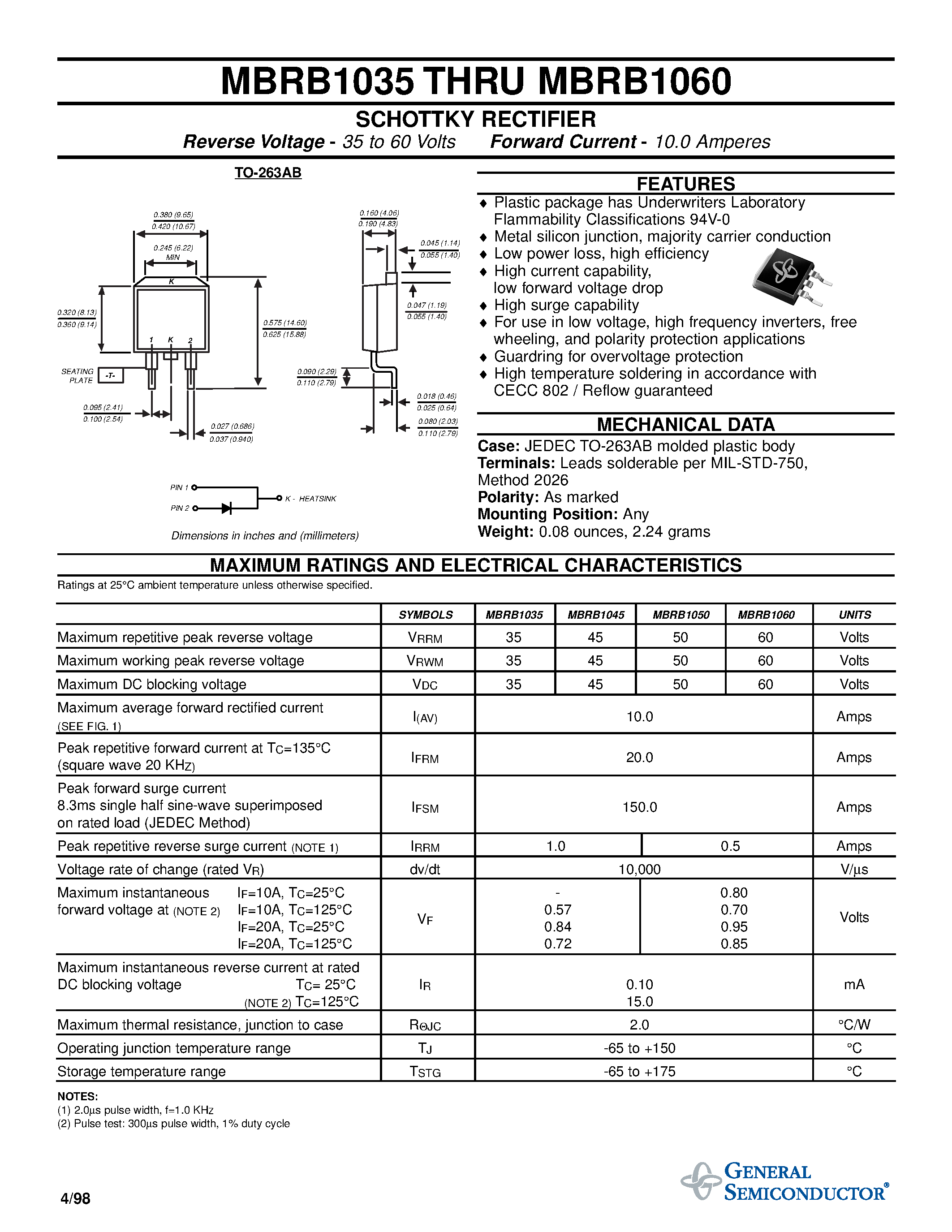 Даташит MBRB1060 - SCHOTTKY RECTIFIER страница 1