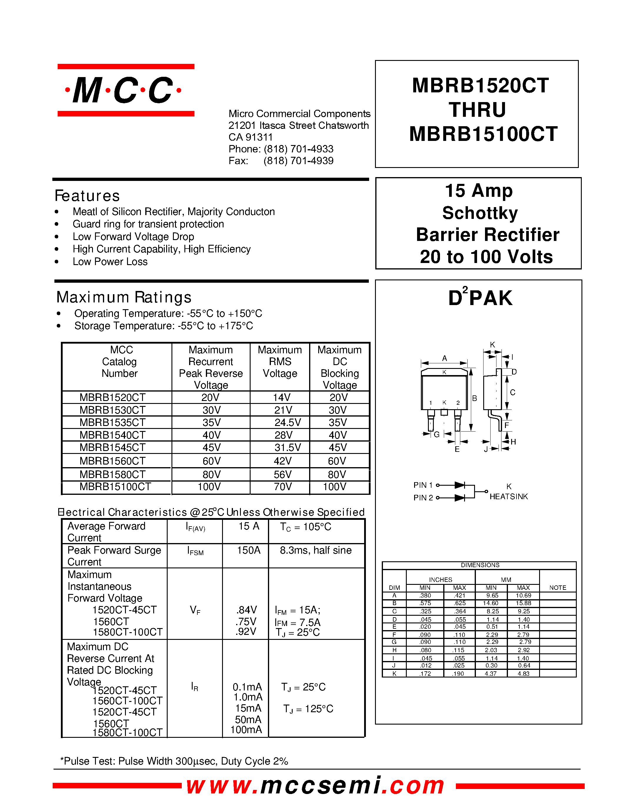 Даташит MBRB1530CT - 15 Amp Schottky Barrier Rectifier 20 to 100 Volts страница 1