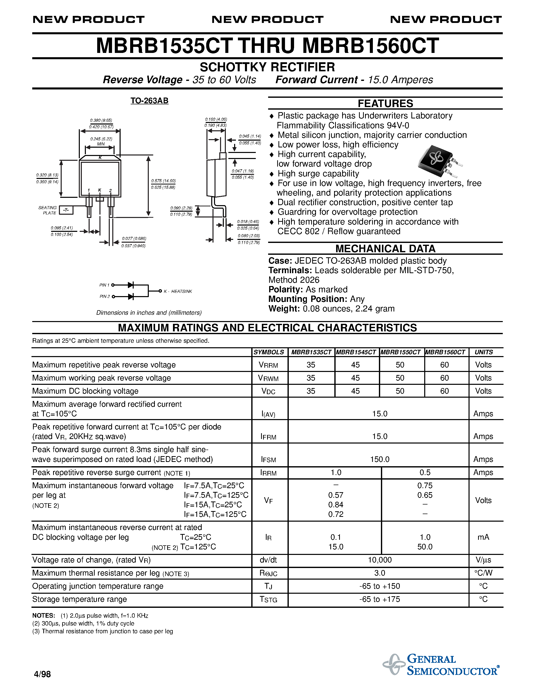 Даташит MBRB1535 - SCHOTTKY RECTIFIER страница 1