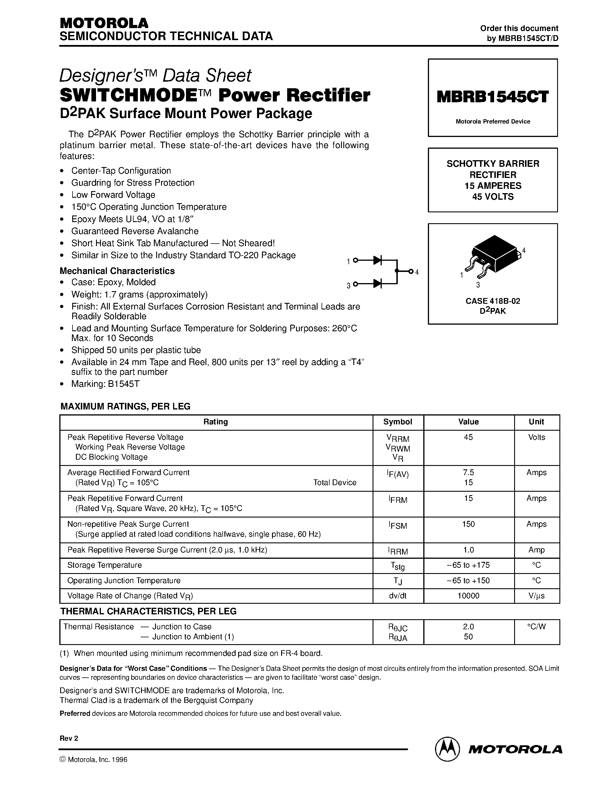 Даташит MBRB1545CT - SWITCHMODE Power Rectifier D2PAK Surface Mount Power Package страница 1
