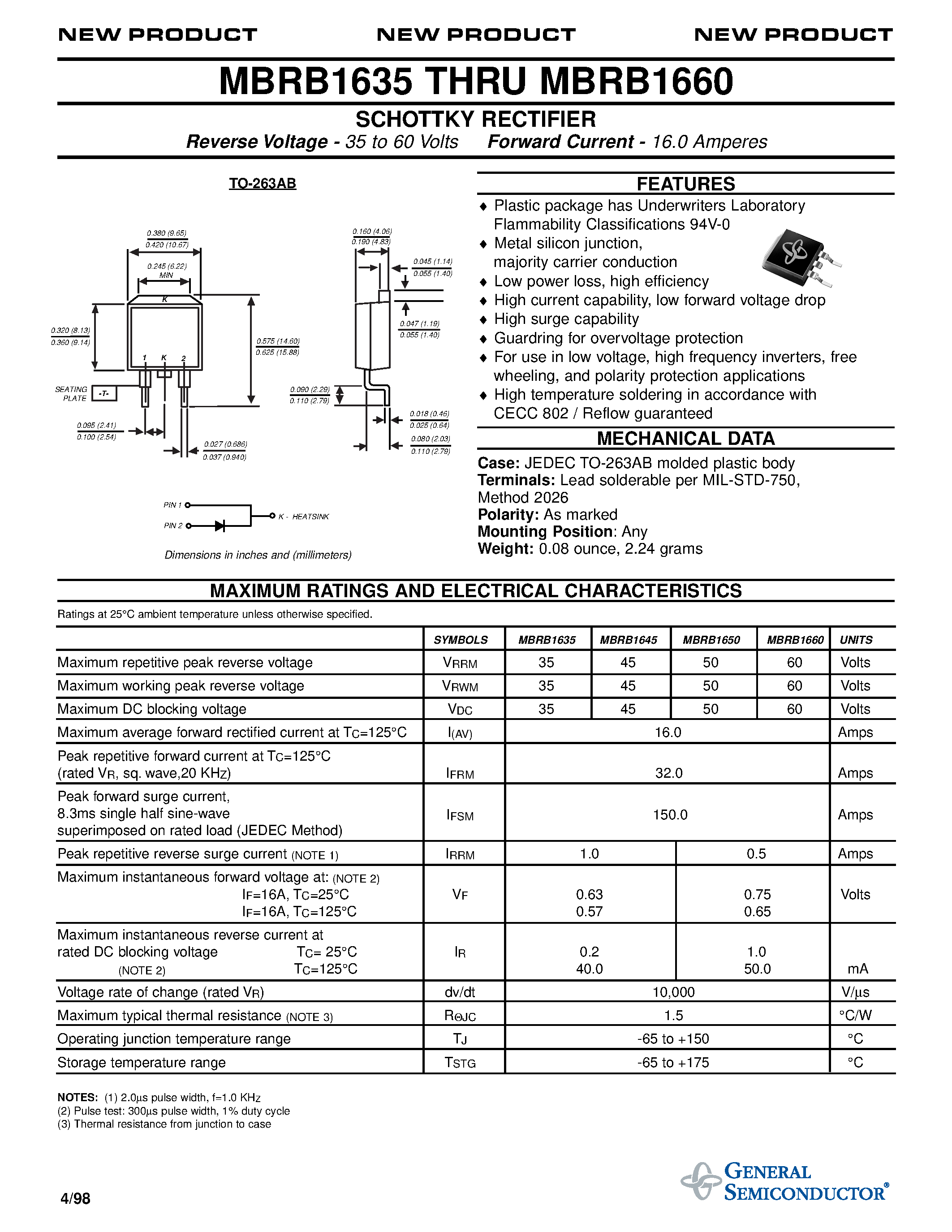 Даташит MBRB1645 - SCHOTTKY RECTIFIER страница 1