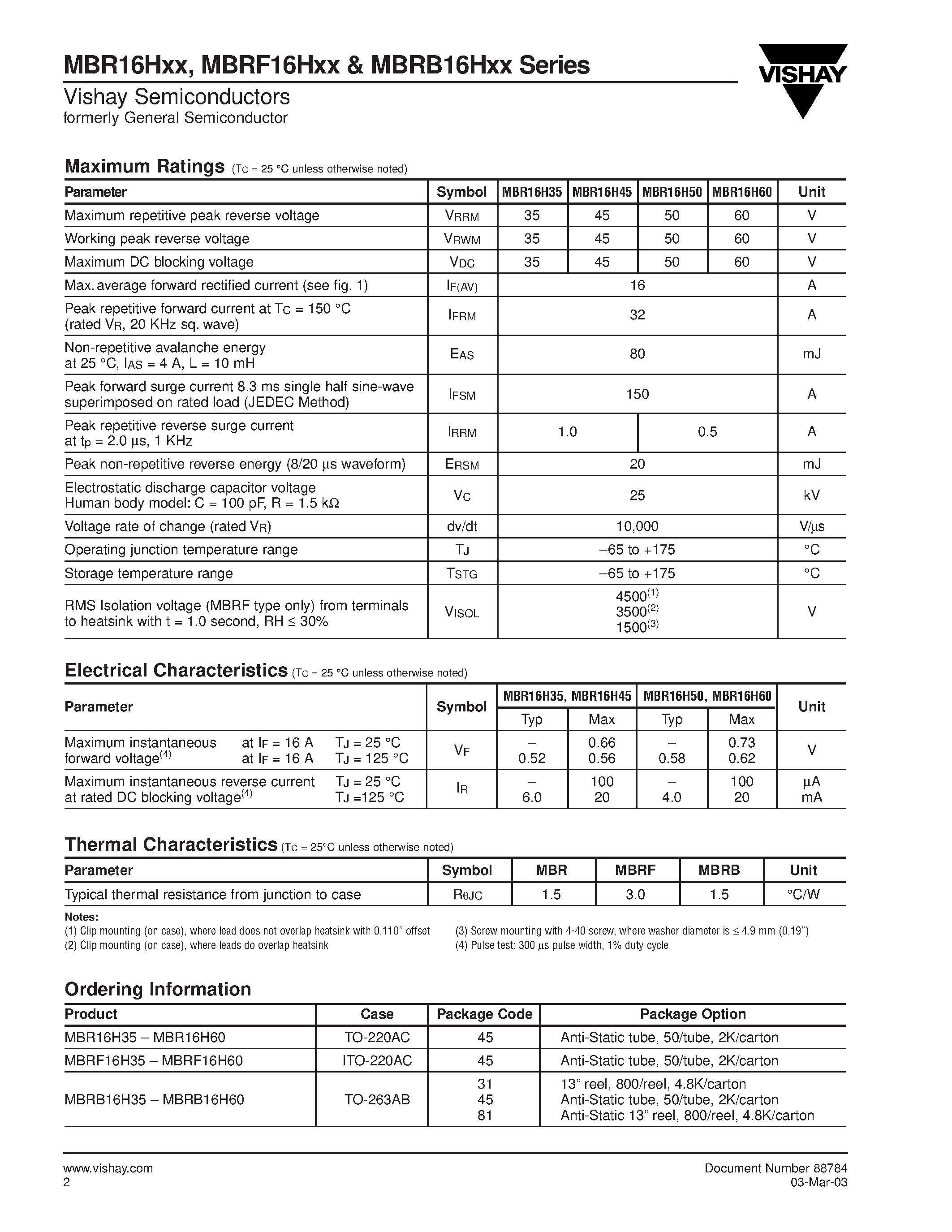 Datasheet MBRB16HXX page 2 Datasheet MBRB16HXX - Schottky Barrier Rectifiers page 2