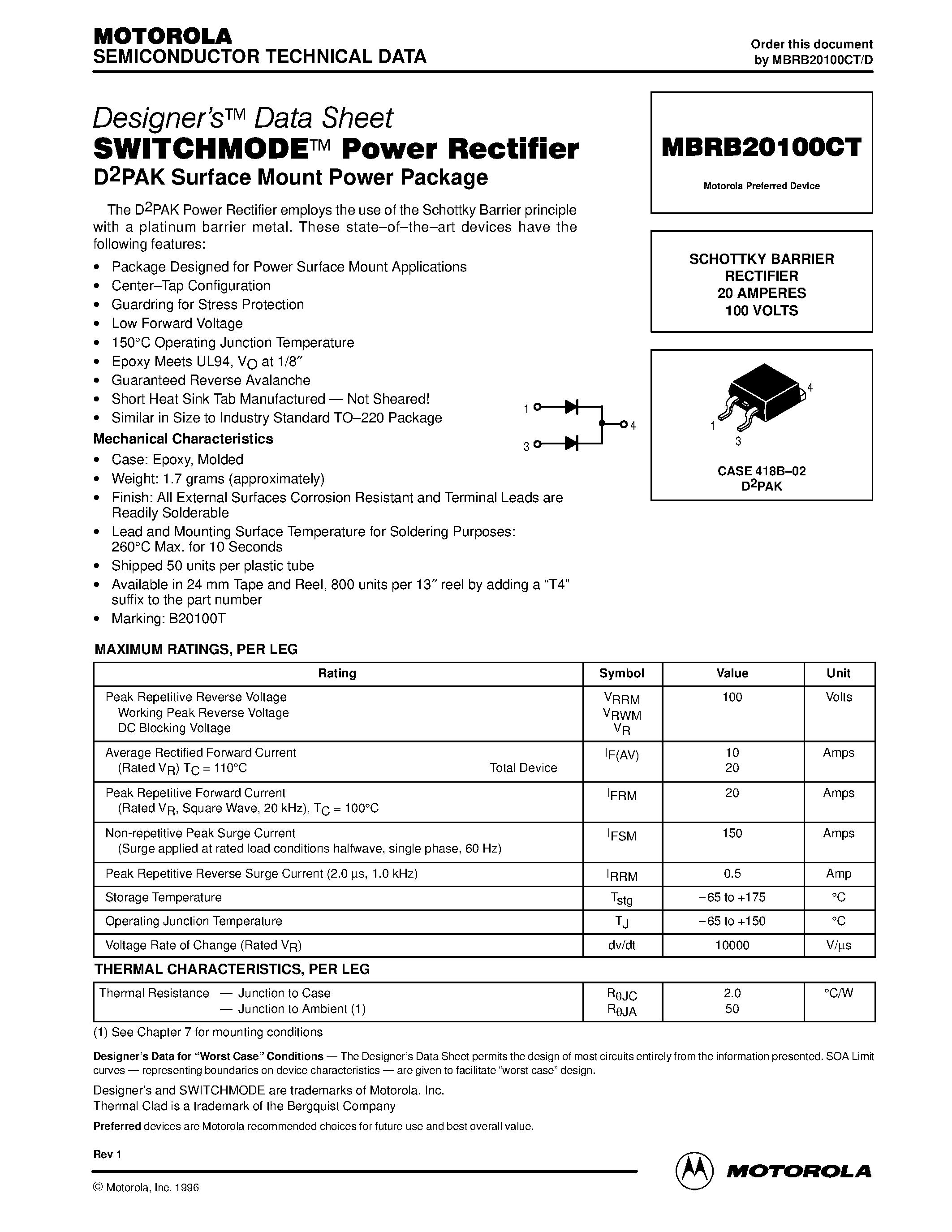 Даташит MBRB20100CT - SWITCHMODE Power Rectifier D2PAK Surface Mount Power Package страница 1