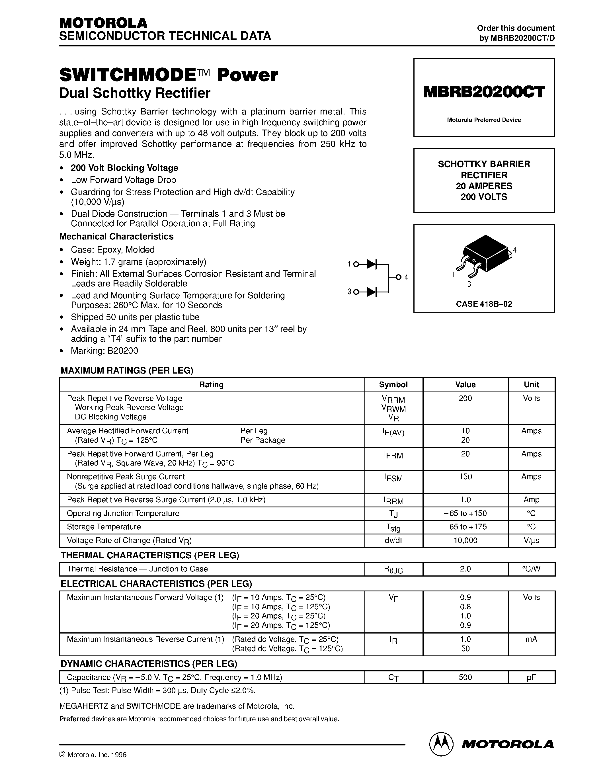 Даташит MBRB20200CT - SWIRCHMODE Power Dual Schottky Rectifier страница 1