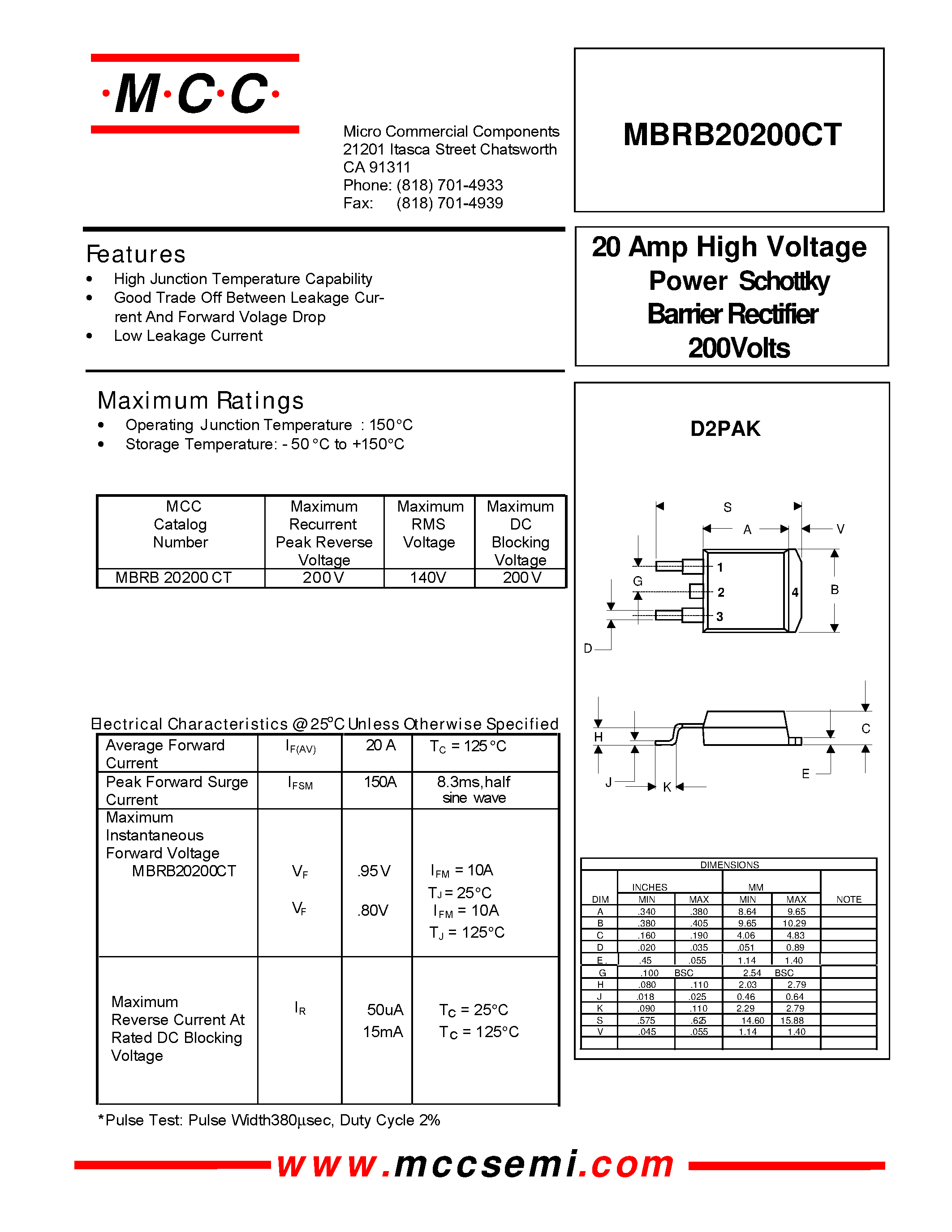 Даташит MBRB20200CT - 20 Amp High Voltage 200Volts Barrier Rectifier Power Schottky страница 1