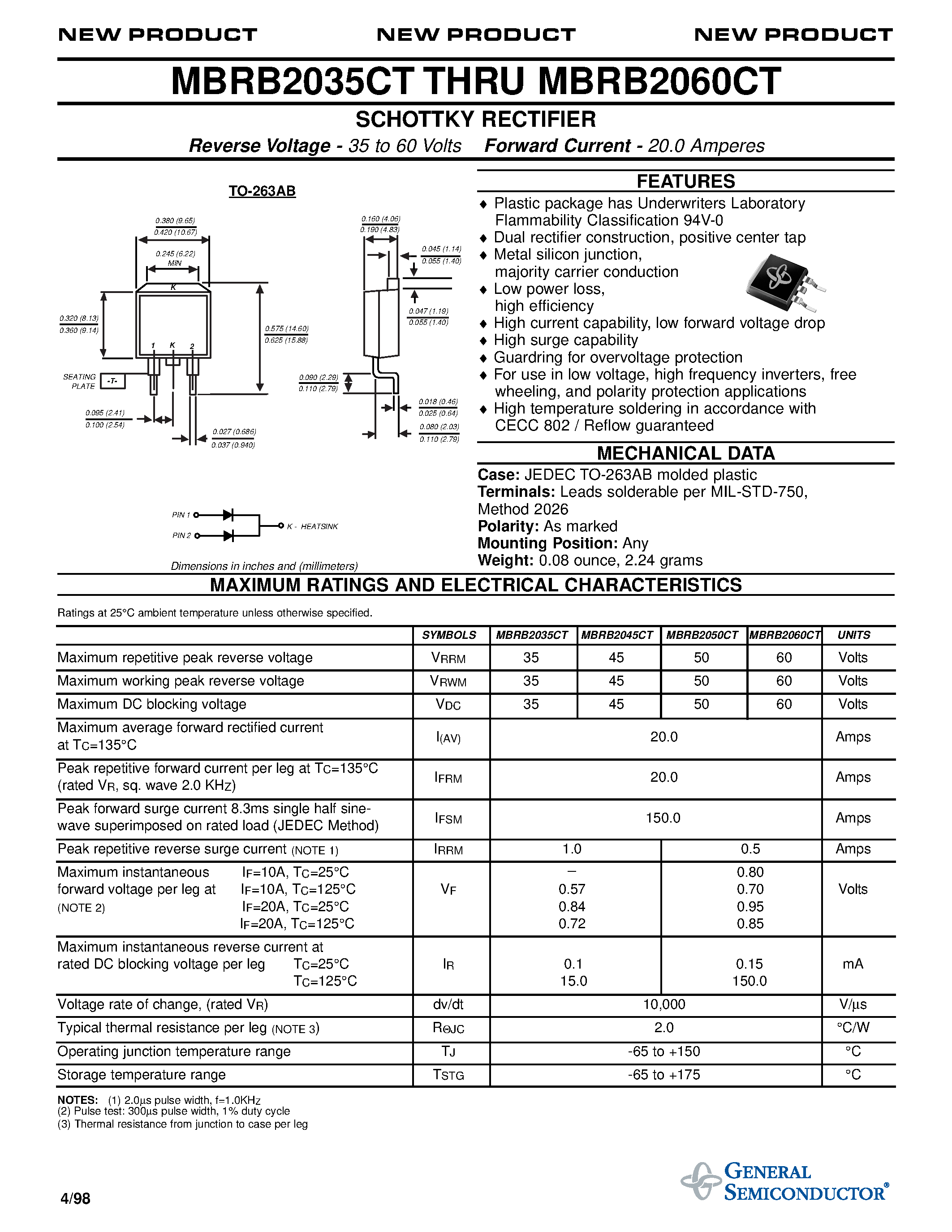 Даташит MBRB2060CT - SCHOTTKY RECTIFIER страница 1