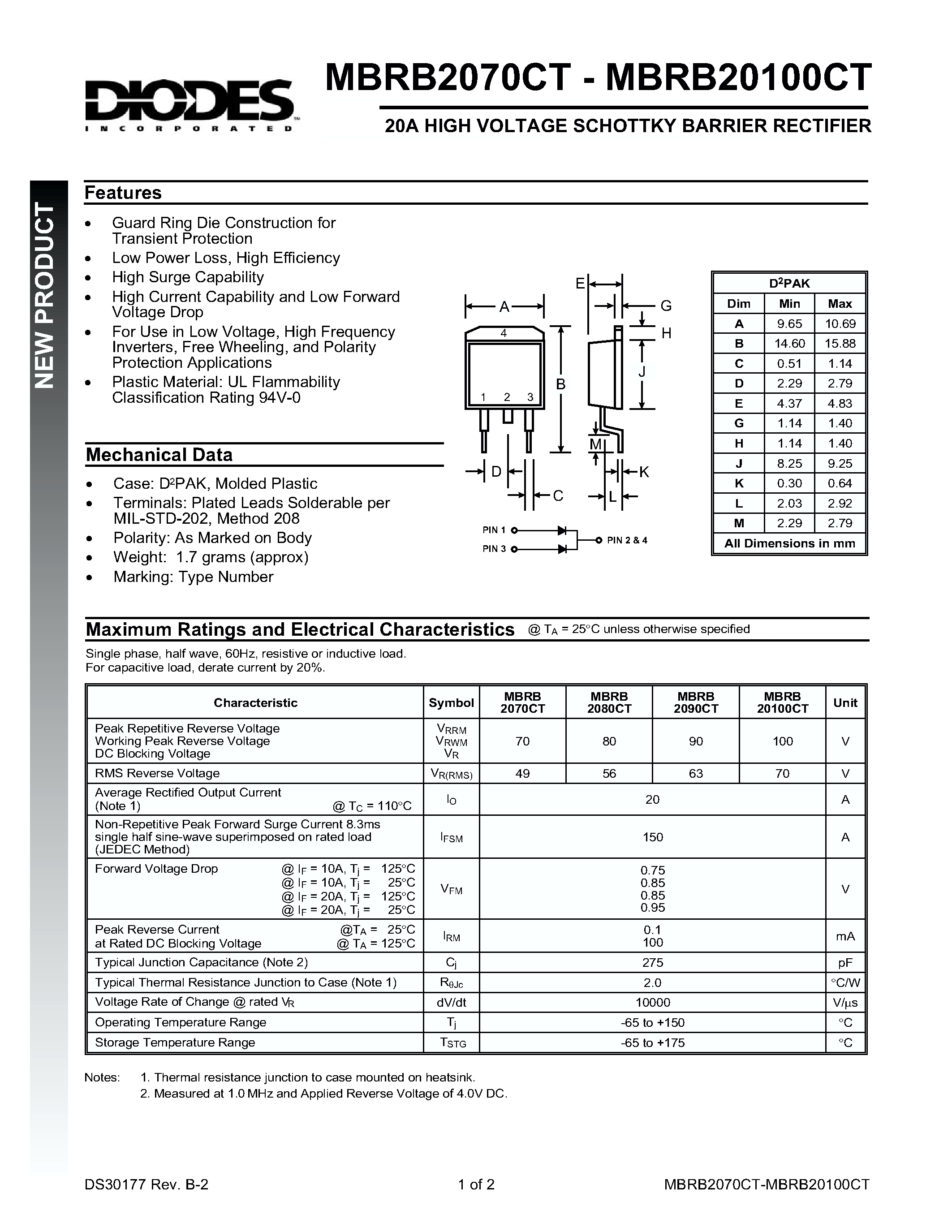 Даташит MBRB2080CT - 20A HIGH VOLTAGE SCHOTTKY BARRIER RECTIFIER страница 1