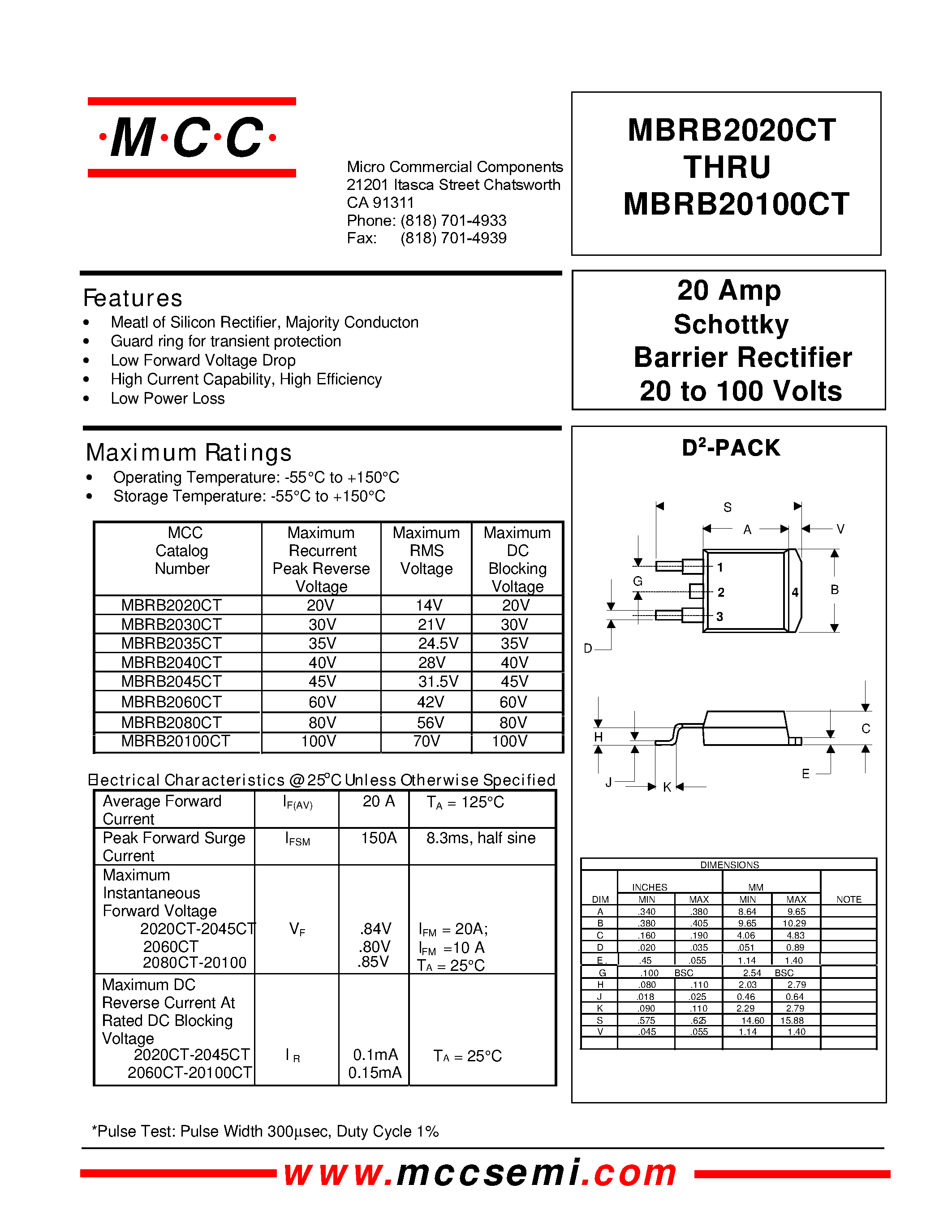 Даташит MBRB2080CT - 20 Amp Schottky Barrier Rectifier 20 to 100 Volts страница 1
