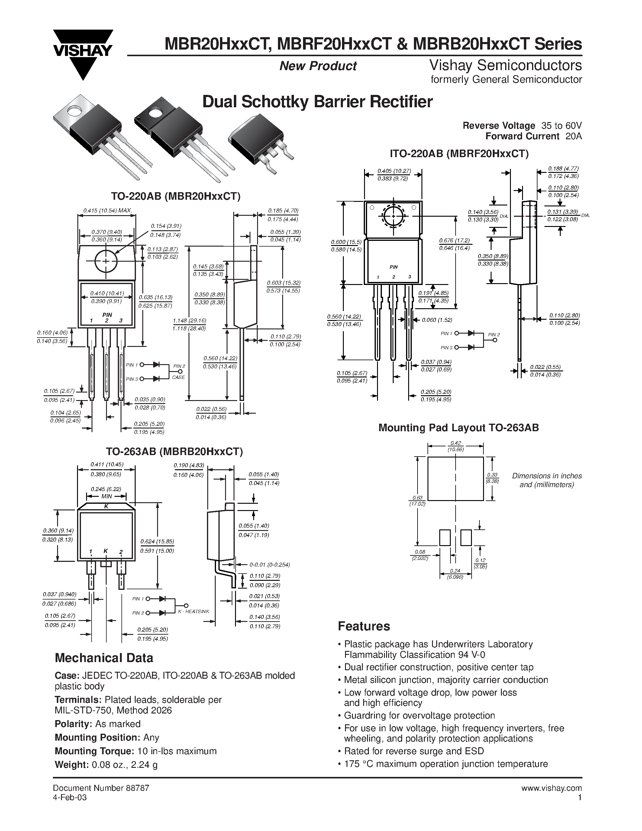 Даташит MBRB20HXXCT - Dual Schottky Barrier Rectifier страница 1