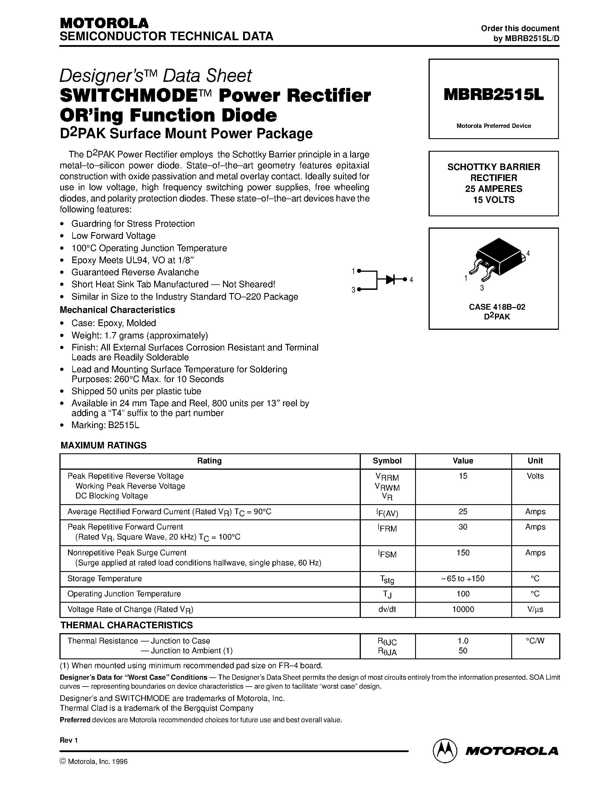Даташит MBRB2515L - SWITCHMODE Power Rectifier D2PAK Surface Mount Power Package страница 1