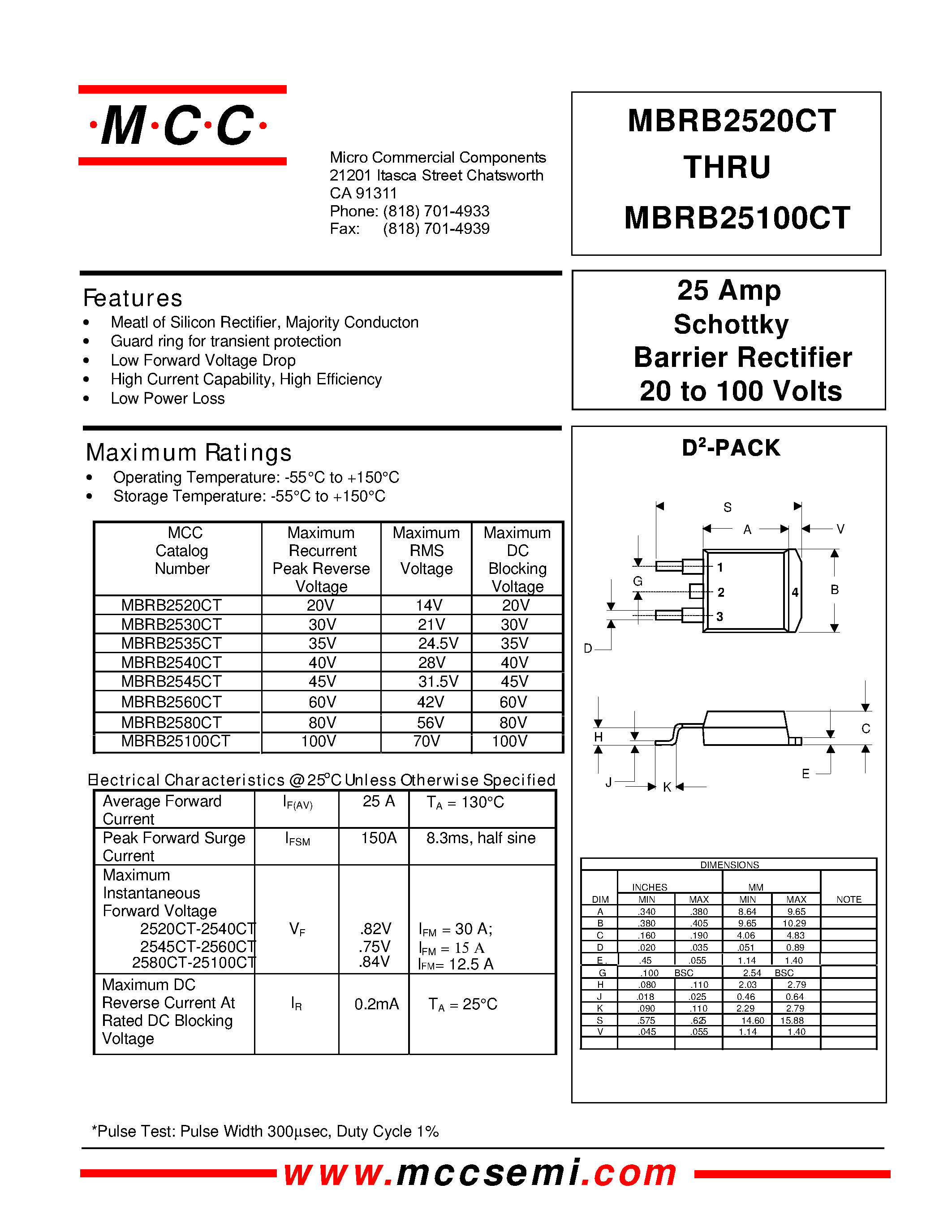 Даташит MBRB2540CT - 25 Amp Schottky Barrier Rectifier 20 to 100 Volts страница 1