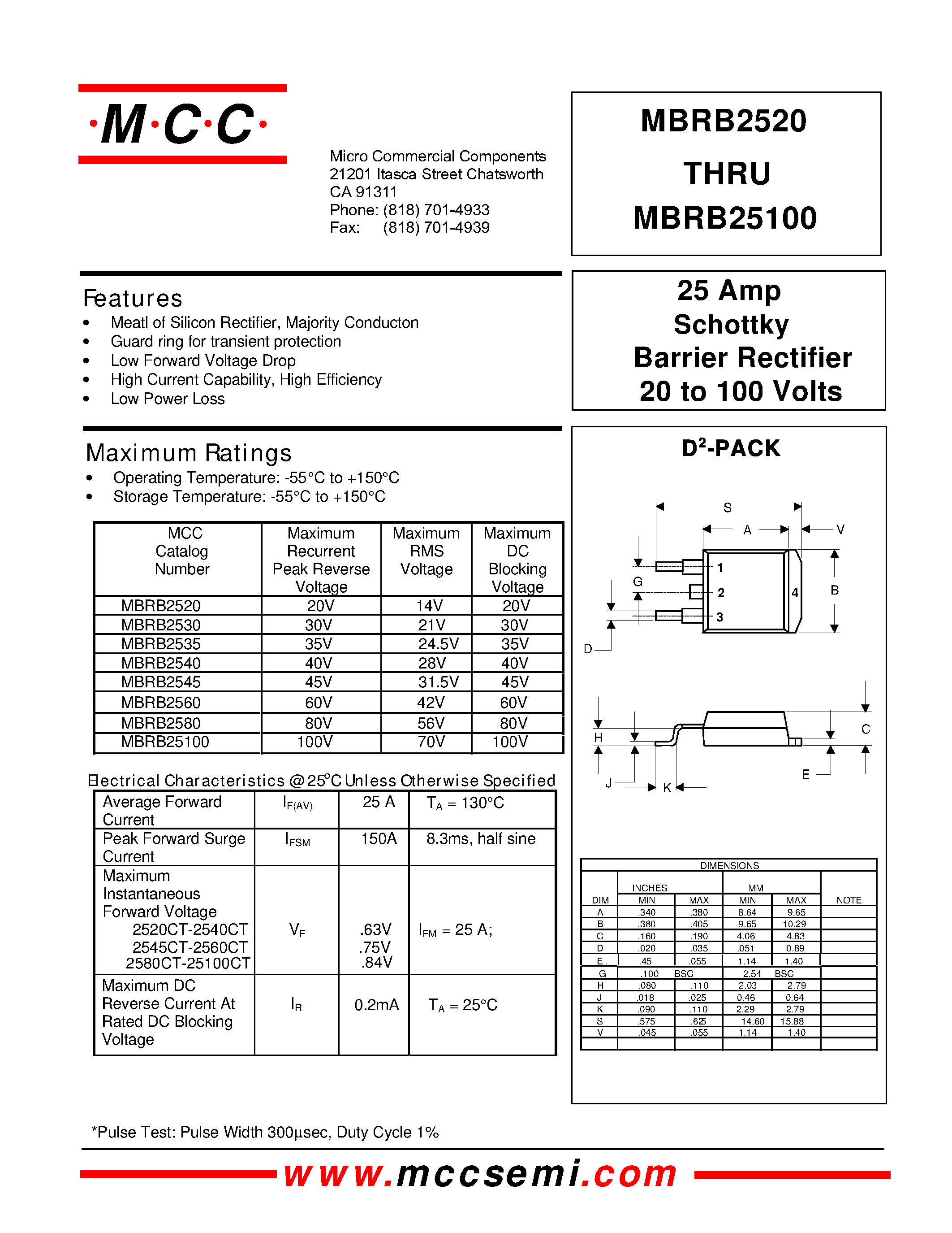 Даташит MBRB2545 - 25 Amp Schottky Barrier Rectifier 20 to 100 Volts страница 1