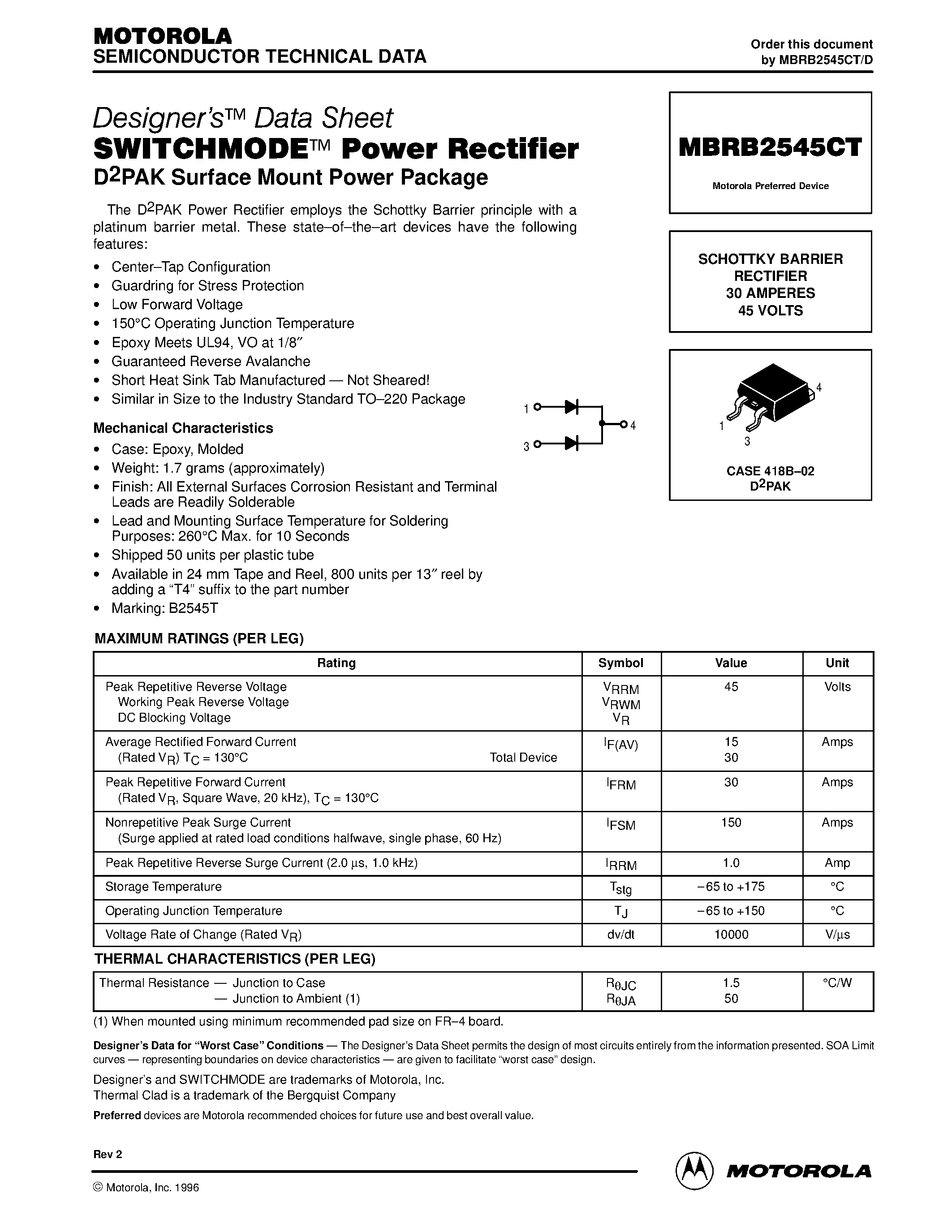 Даташит MBRB2545CT - SWITCHMODE Power Rectifier D2PAK Surface Mount Power Package страница 1