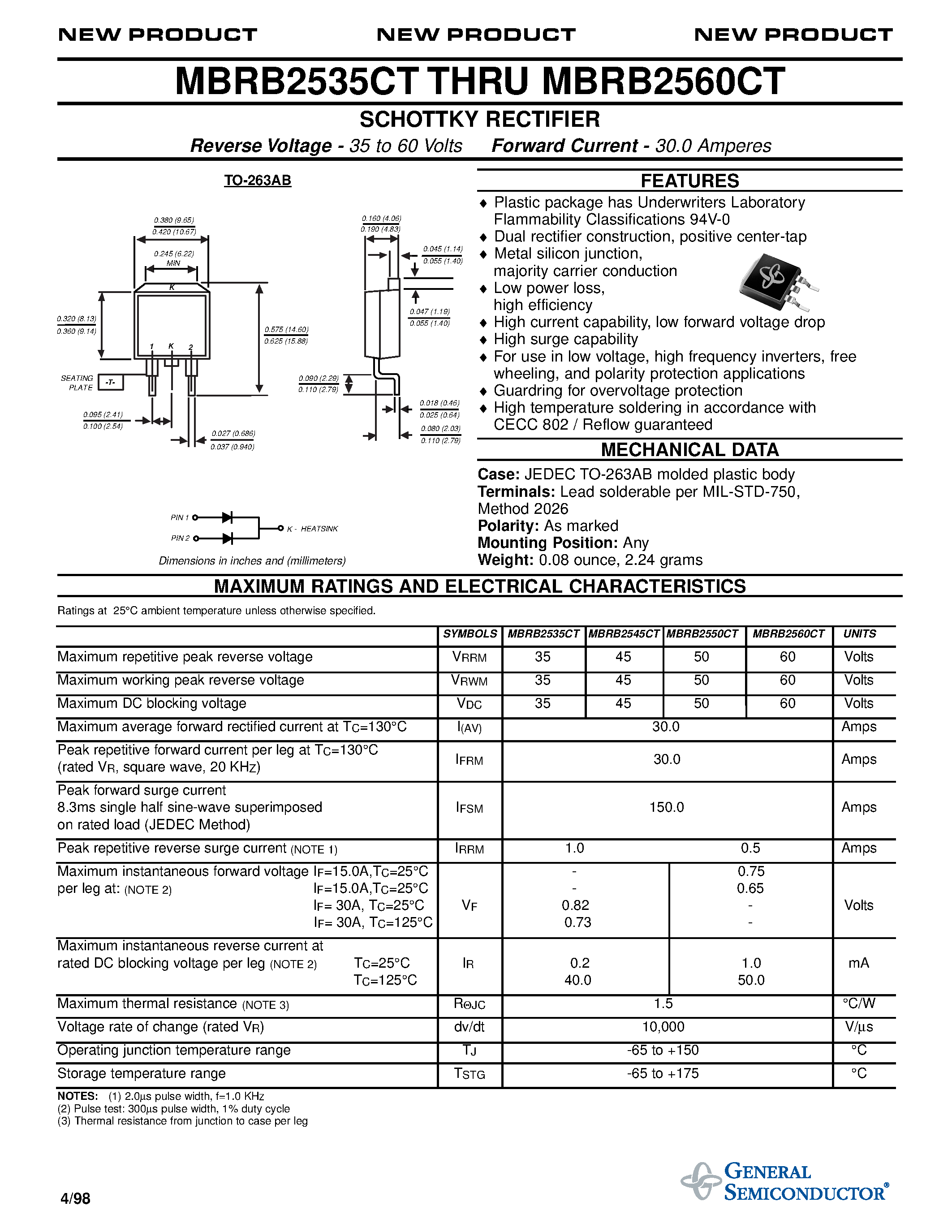 Даташит MBRB2560CT - SCHOTTKY RECTIFIER страница 1