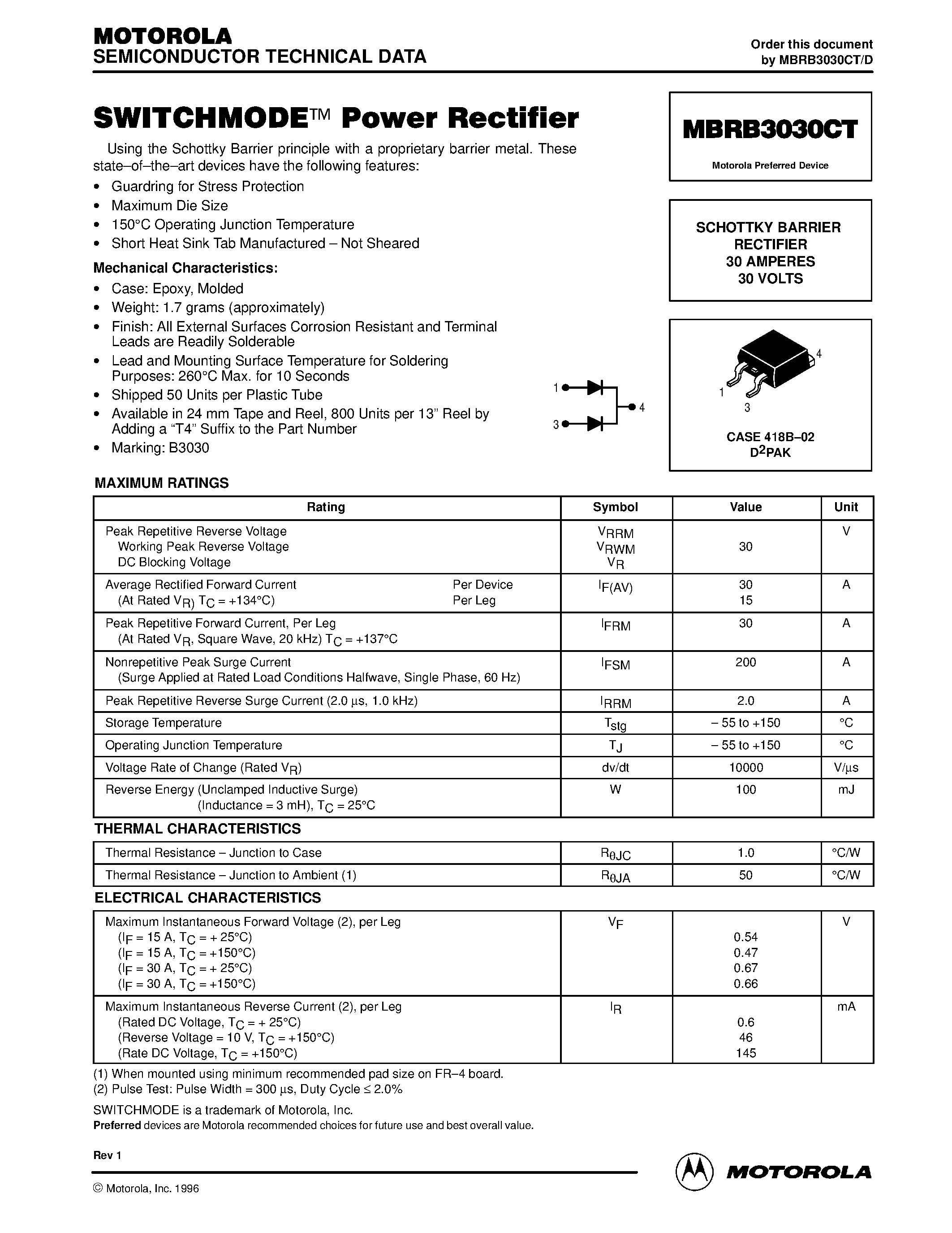 Даташит MBRB3030CT - SWITCHMODE Power Rectifier страница 1
