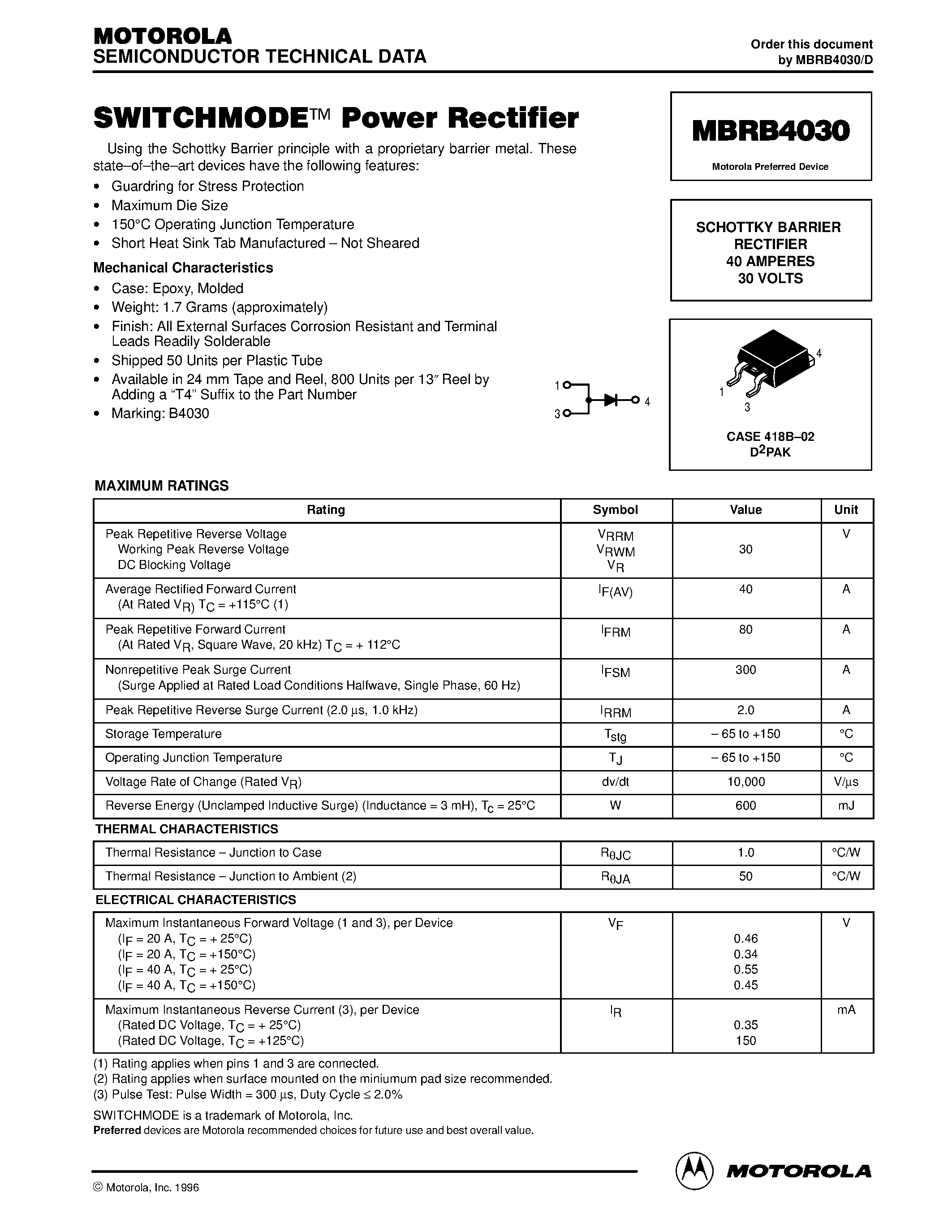 Даташит MBRB4030 - SWITCHMODE Power Rectifier страница 1