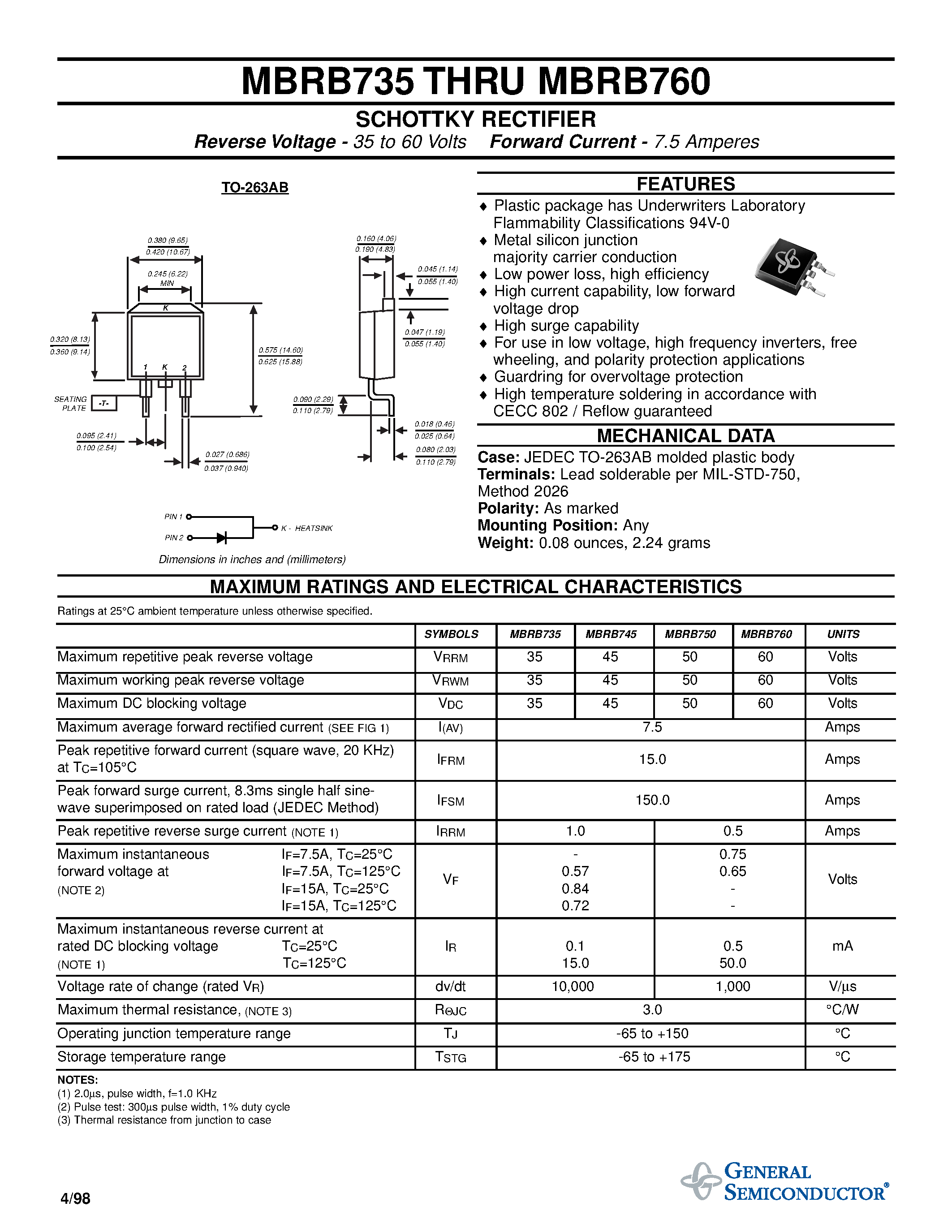 Даташит MBRB760 - SCHOTTKY RECTIFIER страница 1