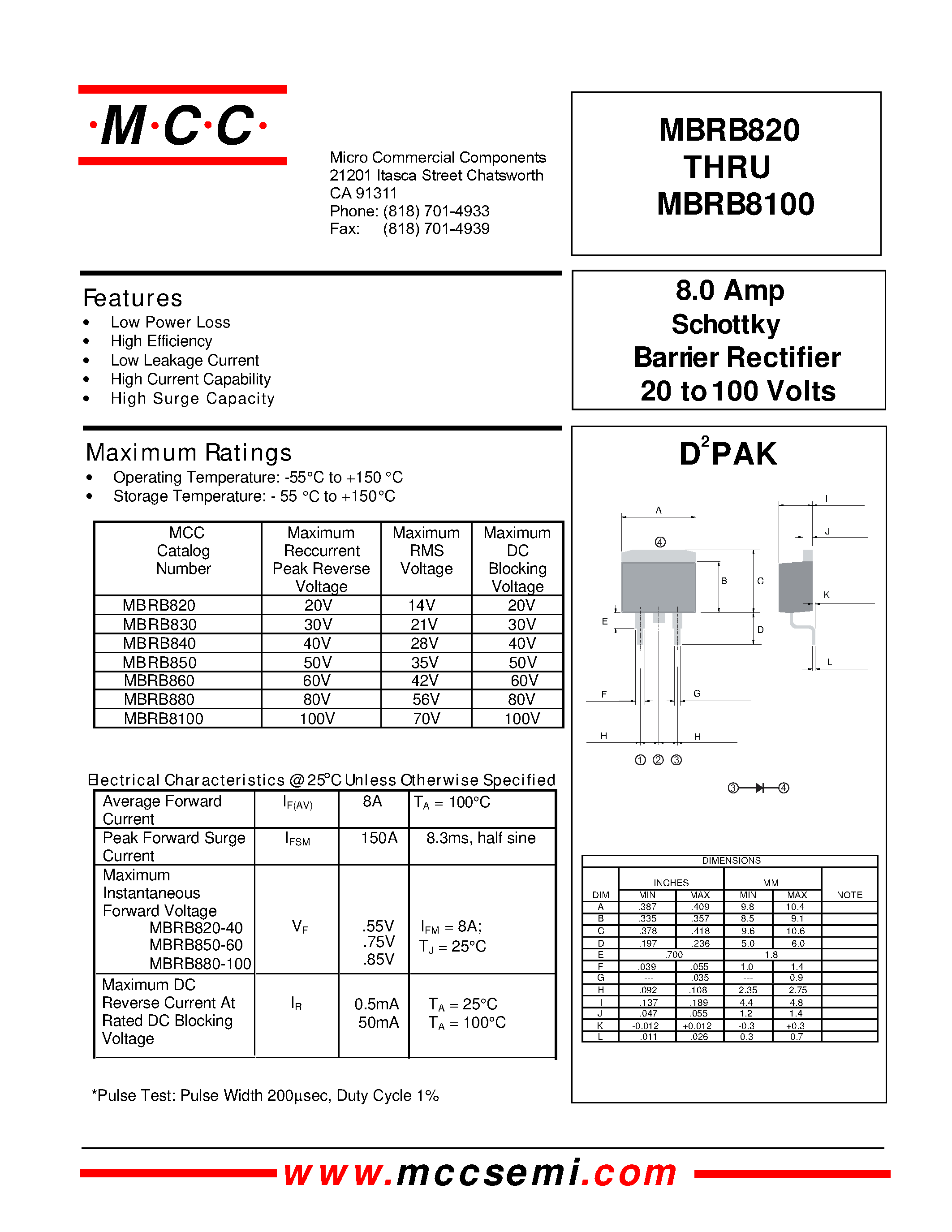 Datasheet MBRB830 - Schott ky Barrier Rectifier 20 to 100 Volts 8.0 Am p page 1