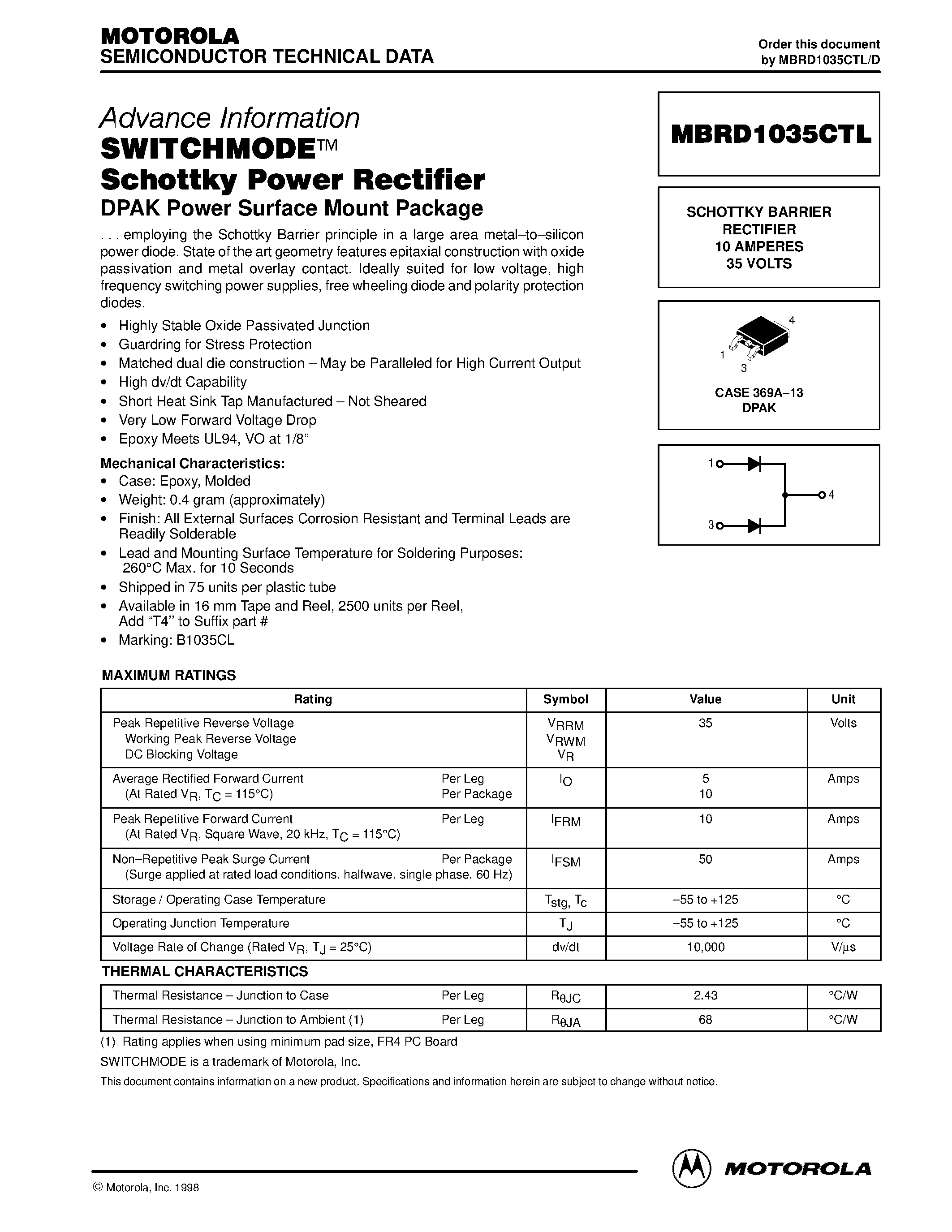 Даташит MBRD1035CTL - SWITCHMODE Schottky Rectifier D2PAK Power Surface Mount Package страница 1