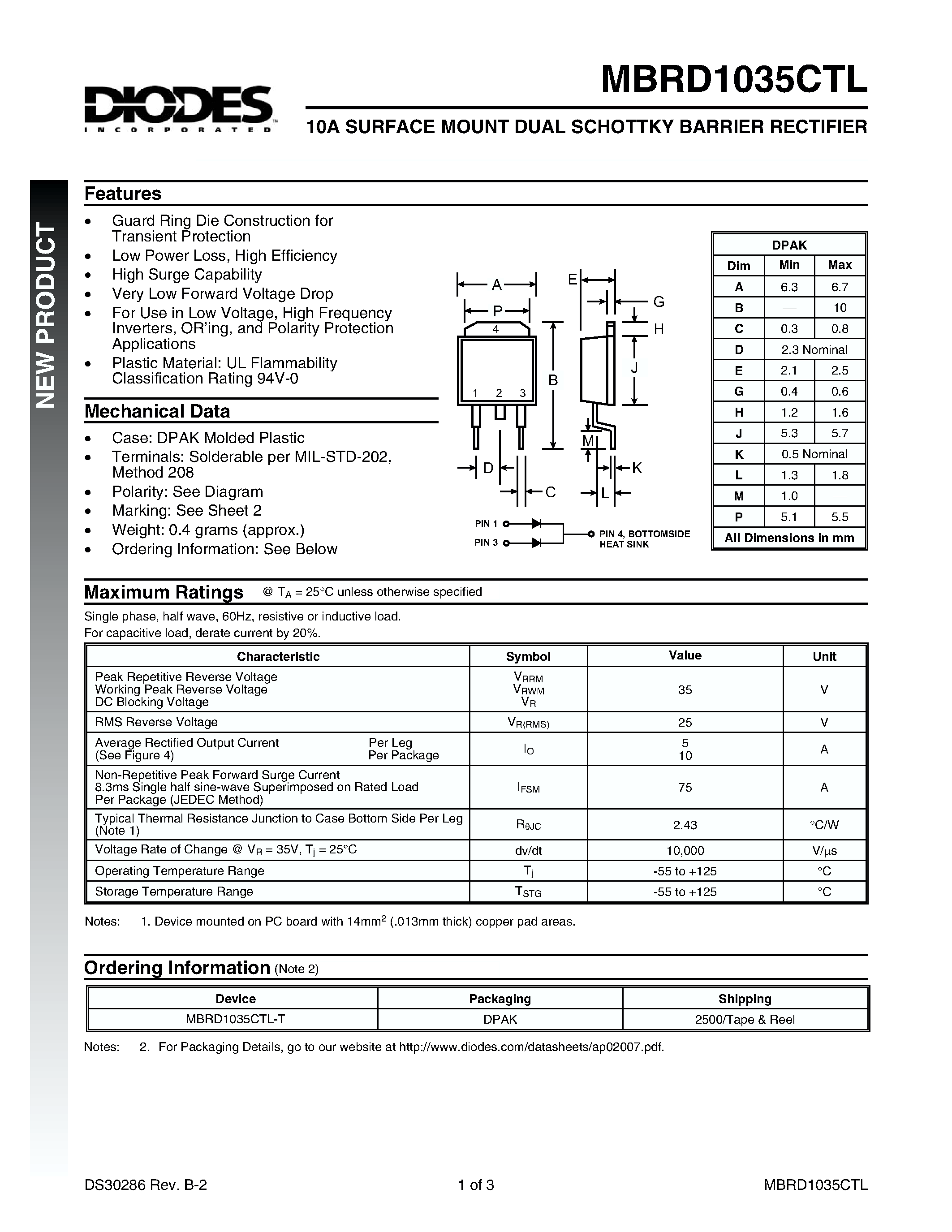 Datasheet MBRD1035CTL-T - 10A SURFACE MOUNT DUAL SCHOTTKY BARRIER RECTIFIER page 1