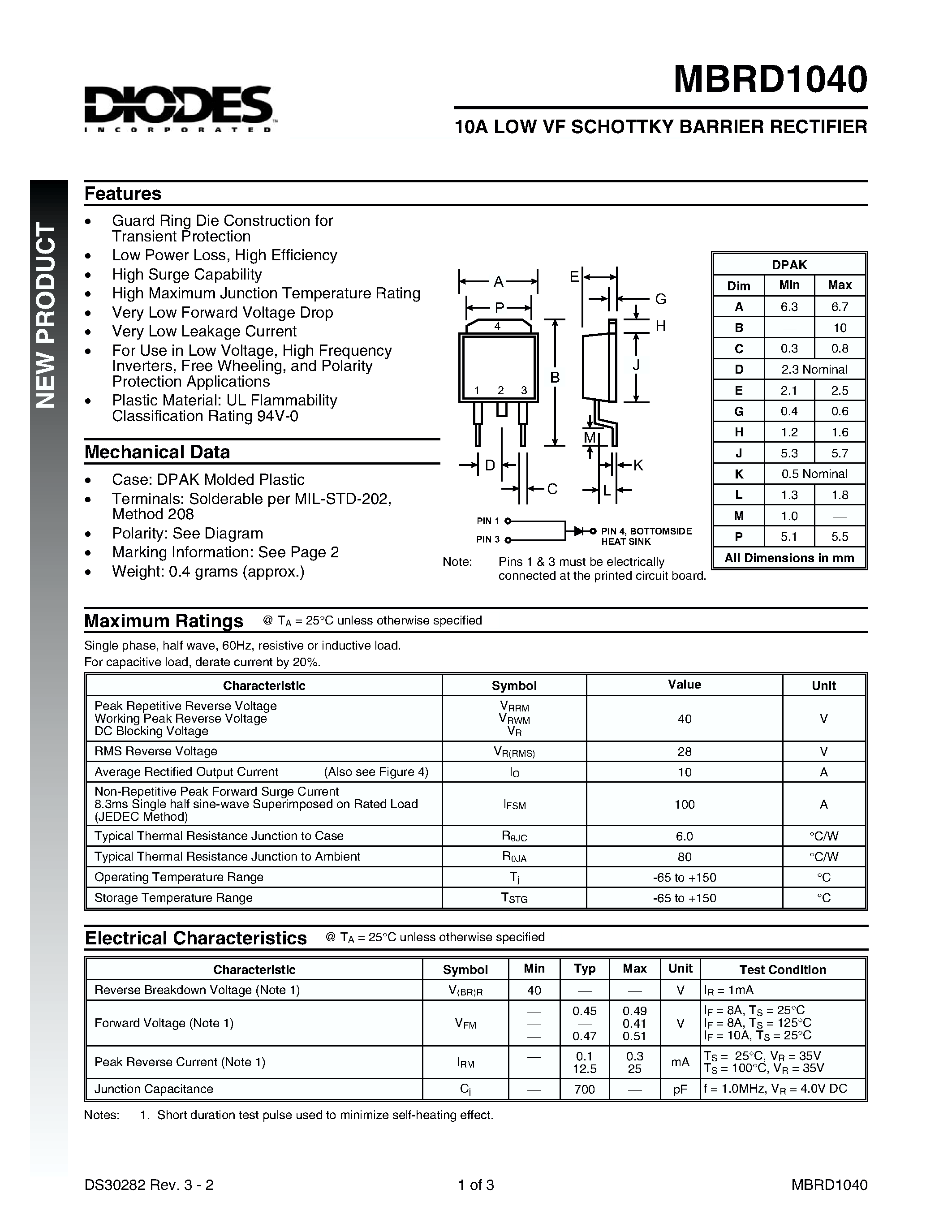 Datasheet MBRD1040-T - 10A LOW VF SCHOTTKY BARRIER RECTIFIER page 1