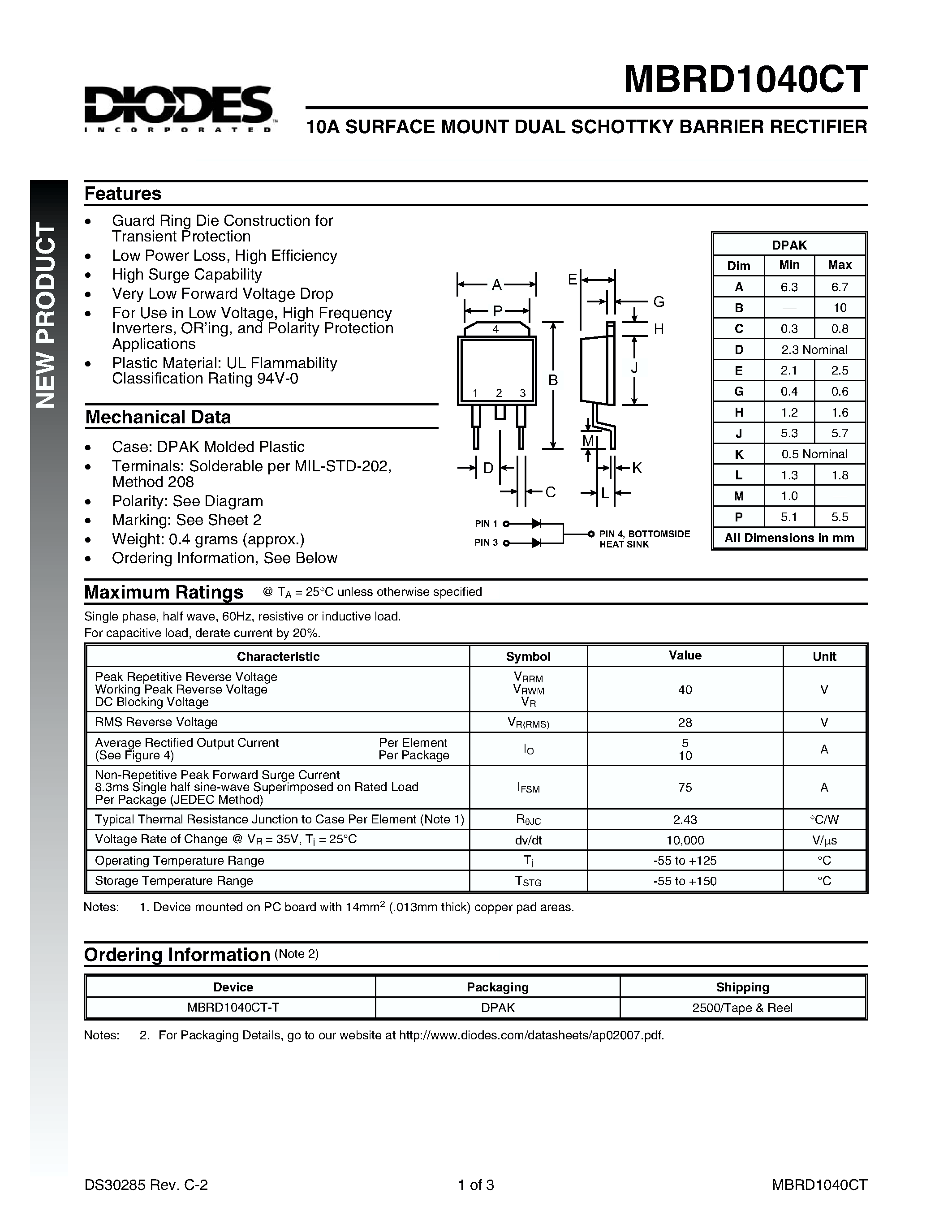 Даташит MBRD1040CT - 10A SURFACE MOUNT DUAL SCHOTTKY BARRIER RECTIFIER страница 1