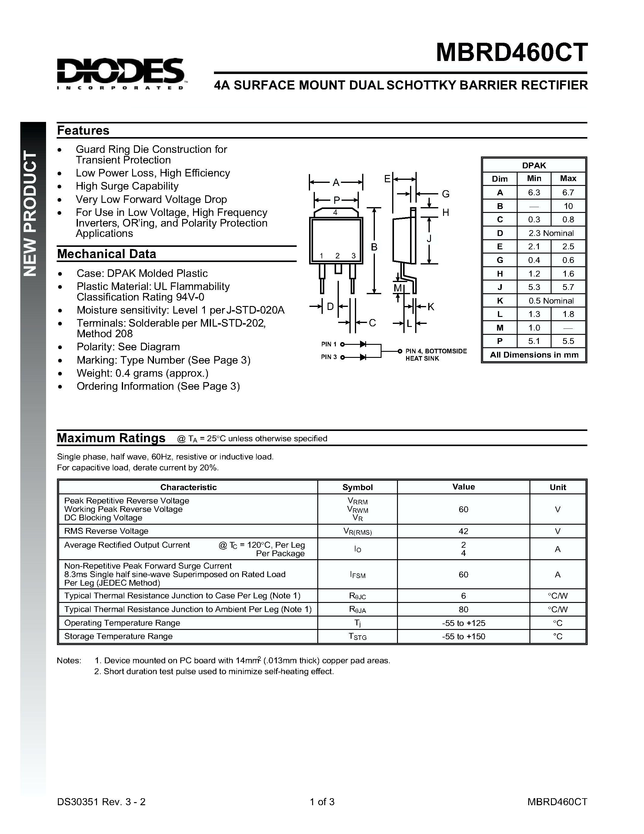 Даташит MBRD460CT - 4A SURFACE MOUNT DUAL SCHOTTKY BARRIER RECTIFIER страница 1